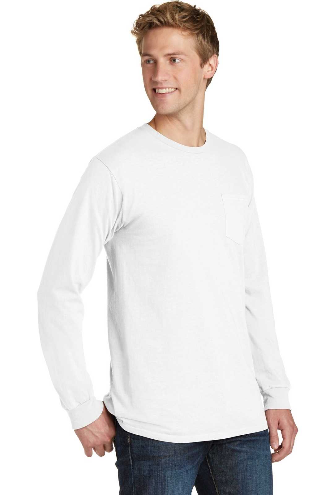 Port &amp; Company PC099LSP Beach Wash Garment-Dyed Long Sleeve Pocket Tee - White - HIT a Double - 4