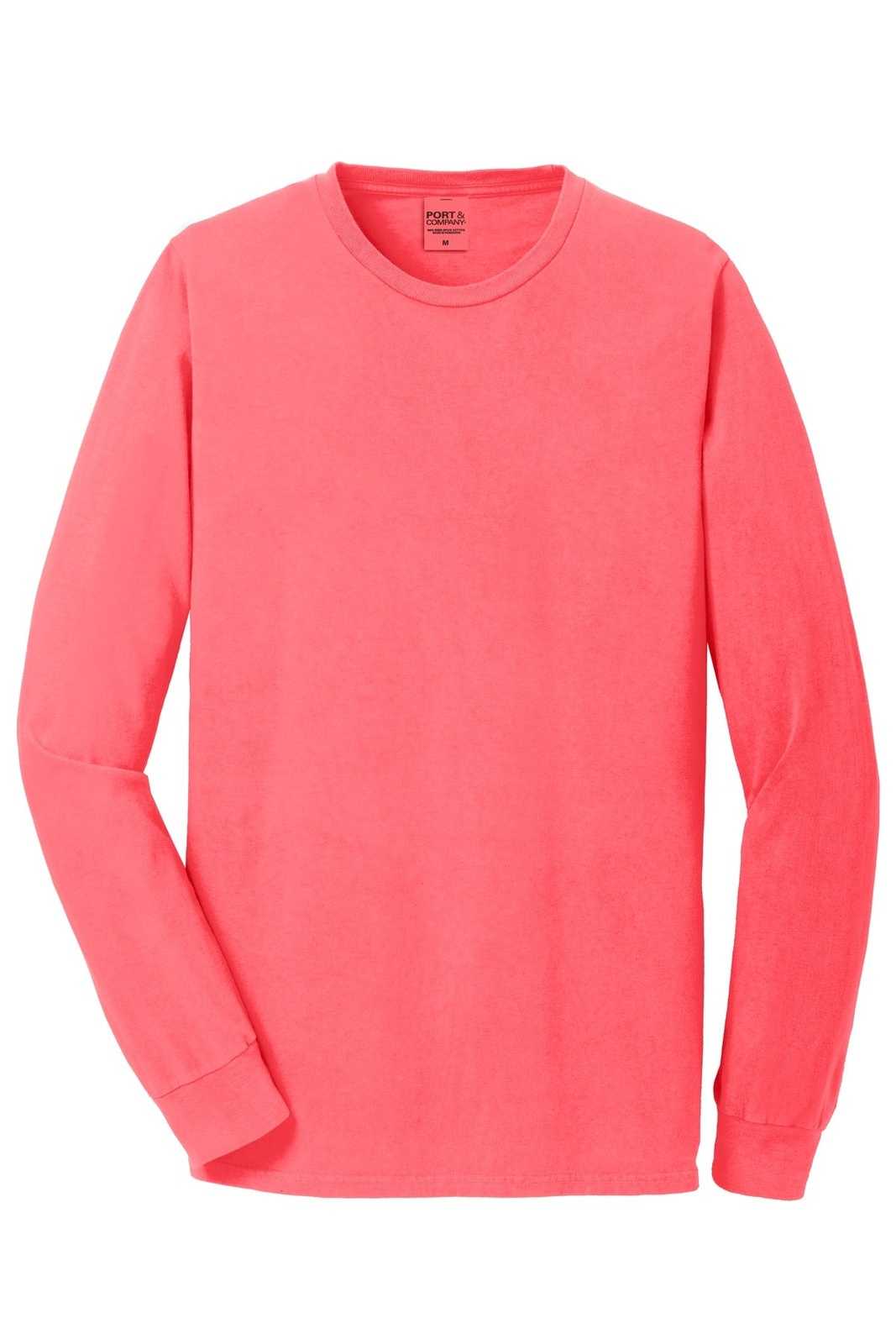 Port &amp; Company PC099LS Beach Wash Garment-Dyed Long Sleeve Tee - Neon Coral - HIT a Double - 5