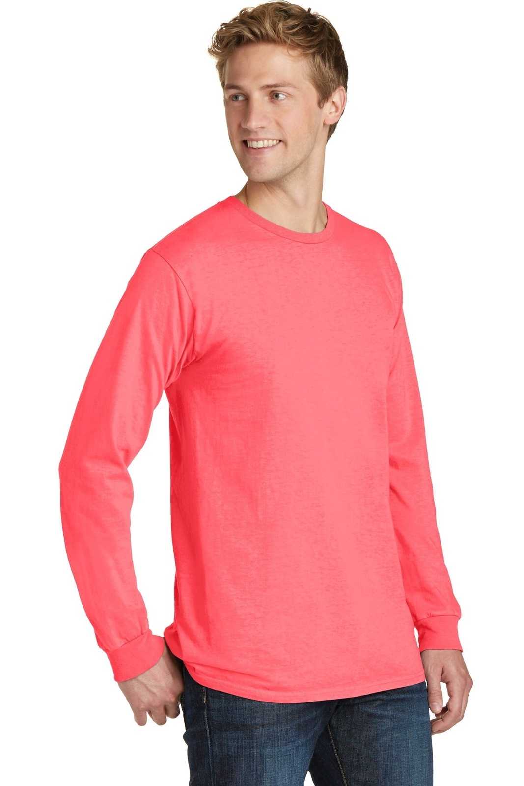 Port &amp; Company PC099LS Beach Wash Garment-Dyed Long Sleeve Tee - Neon Coral - HIT a Double - 4