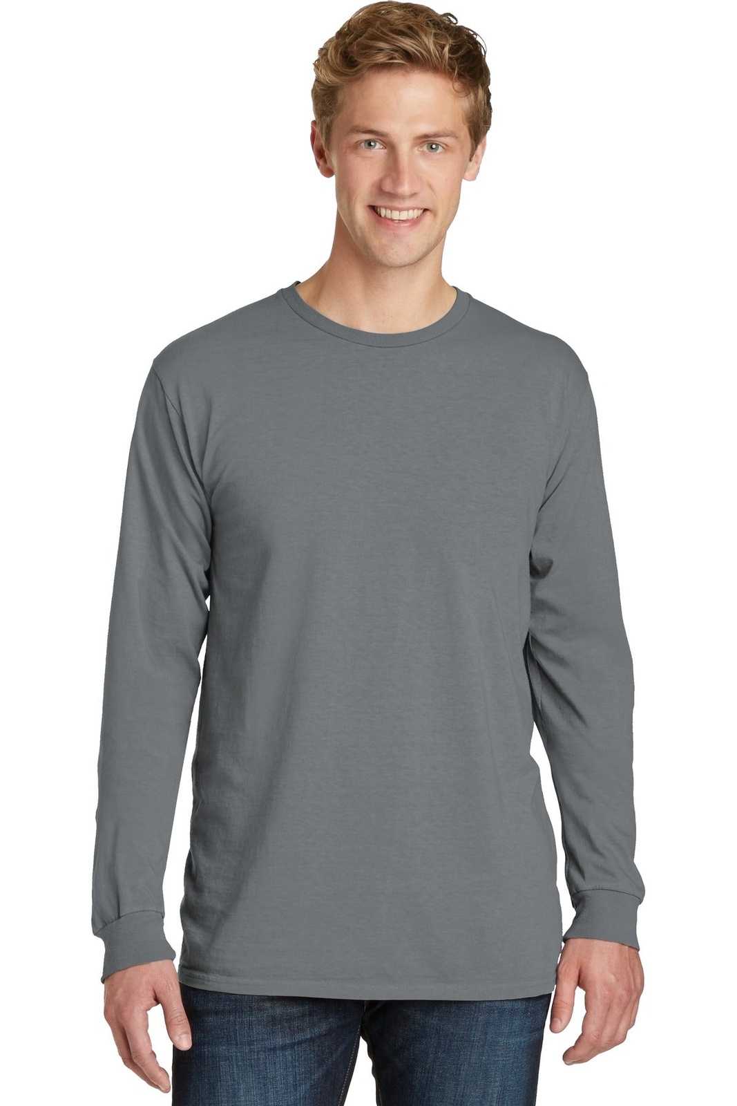 Port &amp; Company PC099LS Beach Wash Garment-Dyed Long Sleeve Tee - Pewter - HIT a Double - 1