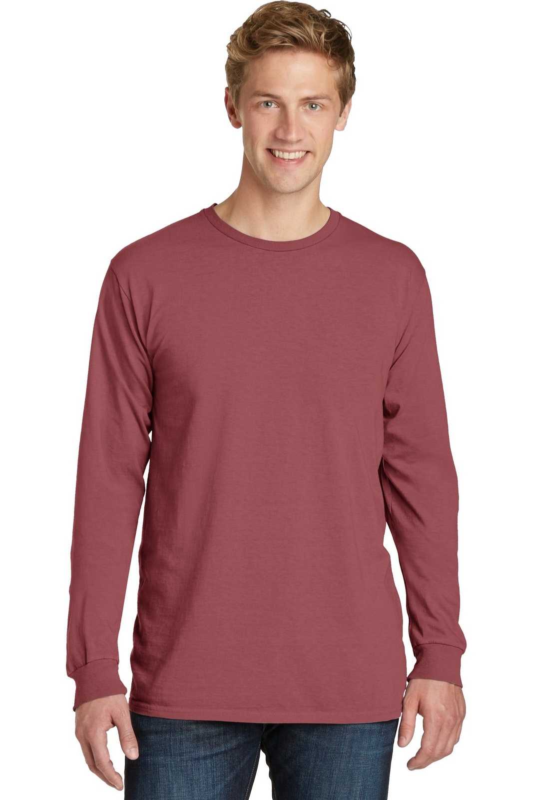 Port &amp; Company PC099LS Beach Wash Garment-Dyed Long Sleeve Tee - Red Rock - HIT a Double - 1