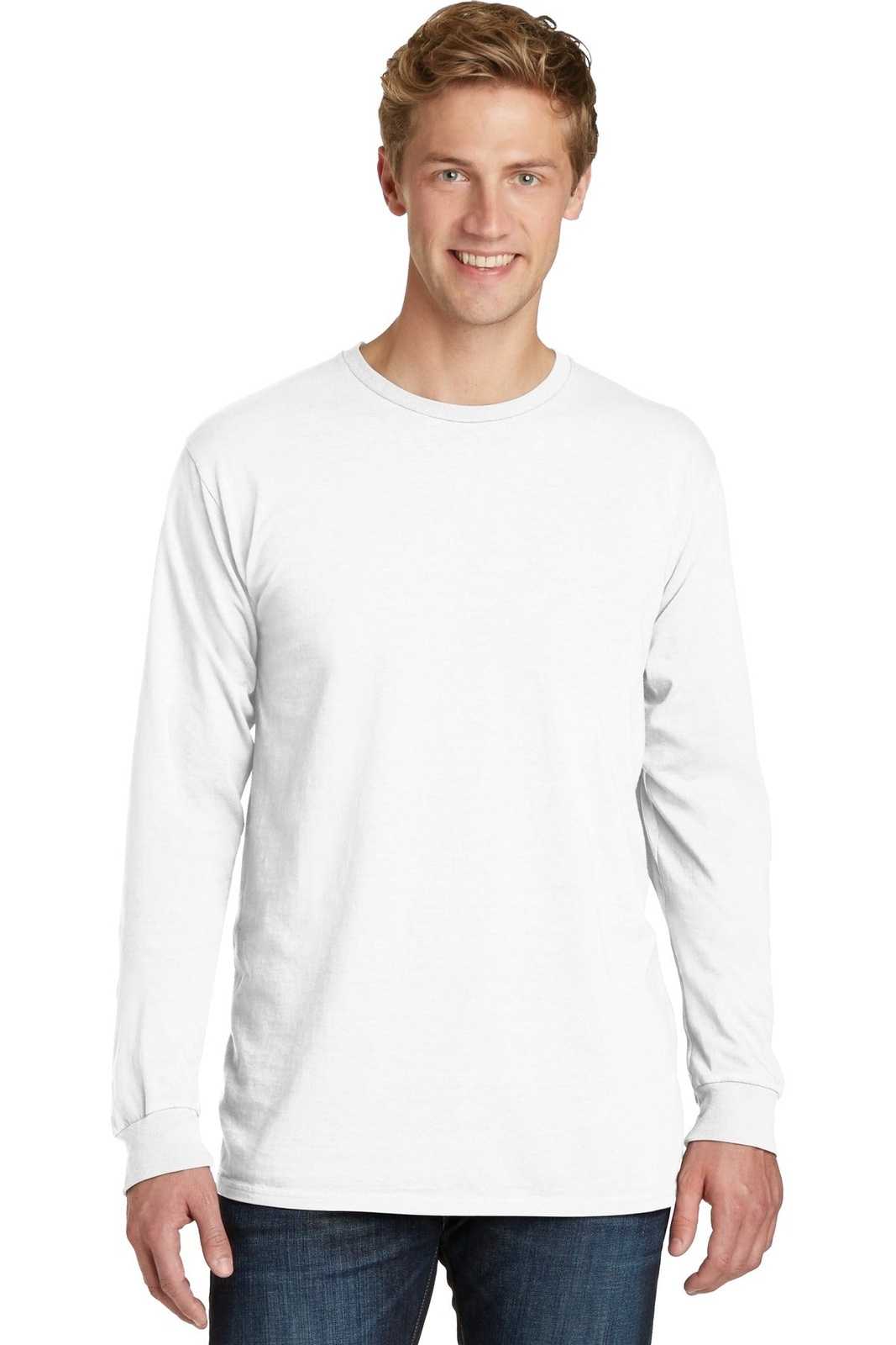 Port &amp; Company PC099LS Beach Wash Garment-Dyed Long Sleeve Tee - White - HIT a Double - 1
