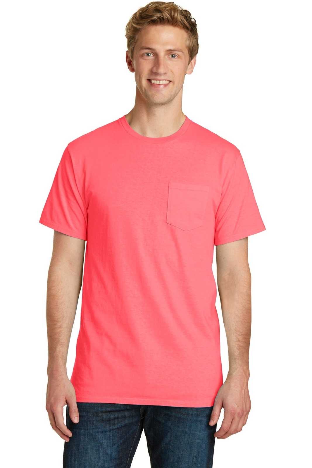 Port &amp; Company PC099P Beach Wash Garment-Dyed Pocket Tee - Neon Coral - HIT a Double - 1