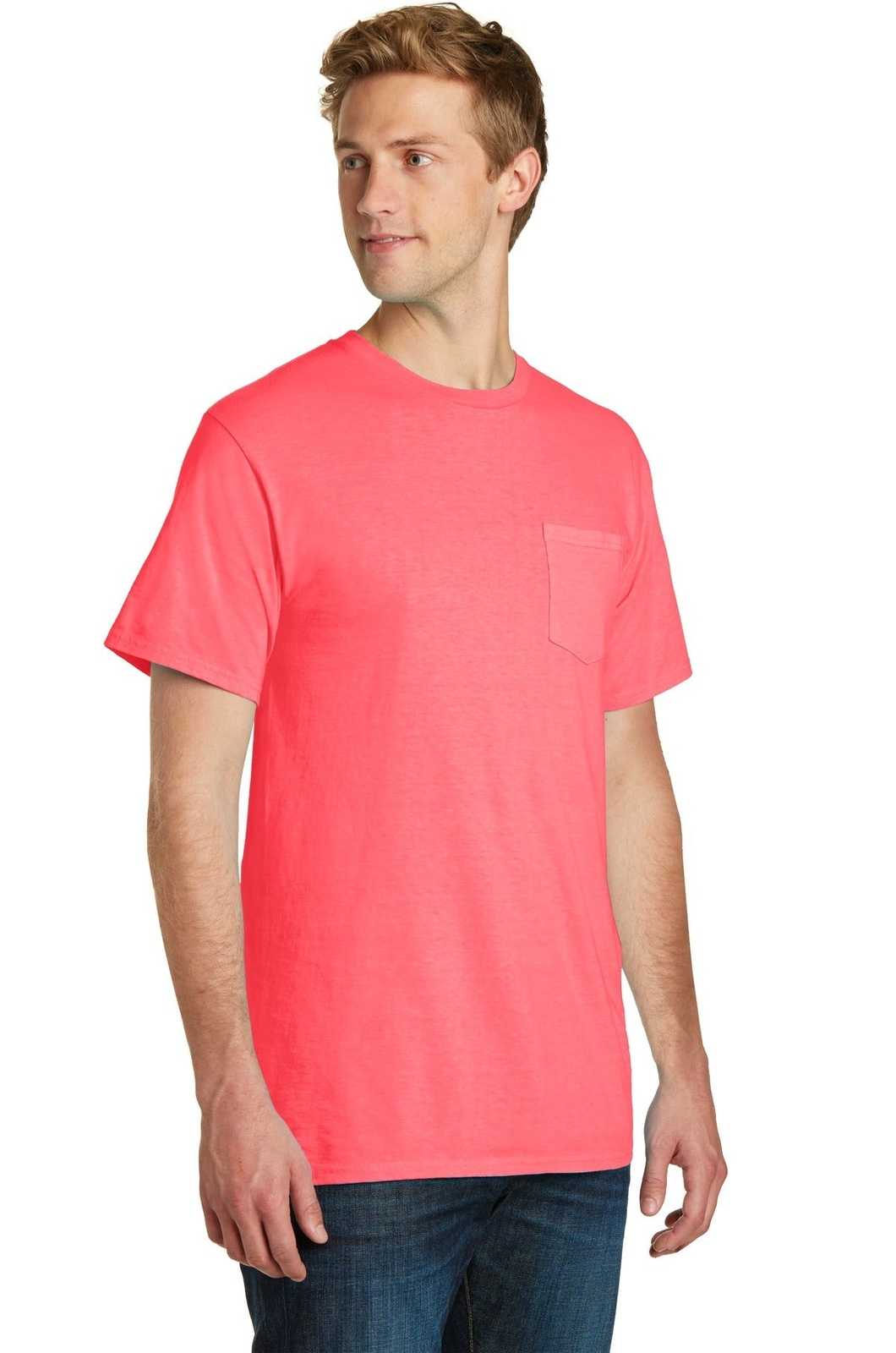 Port &amp; Company PC099P Beach Wash Garment-Dyed Pocket Tee - Neon Coral - HIT a Double - 4