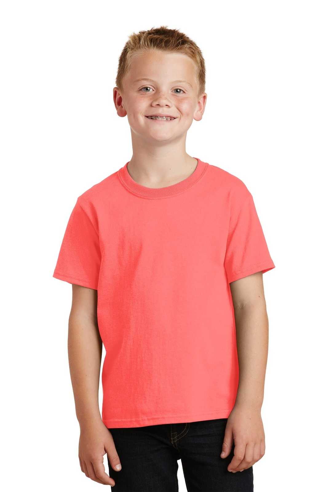 Port &amp; Company PC099Y Youth Beach Wash Garment-Dyed Tee - Neon Coral - HIT a Double - 1