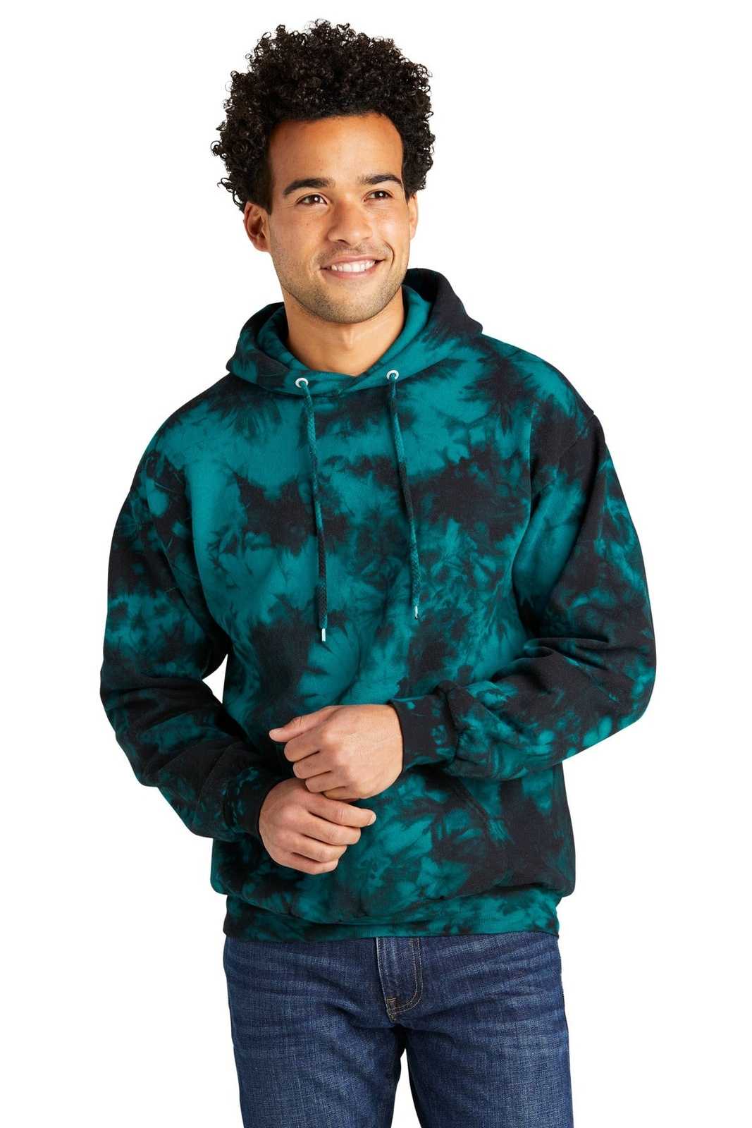 Port &amp; Company PC144 Crystal Tie-Dye Pullover Hoodie - Black Teal - HIT a Double - 1