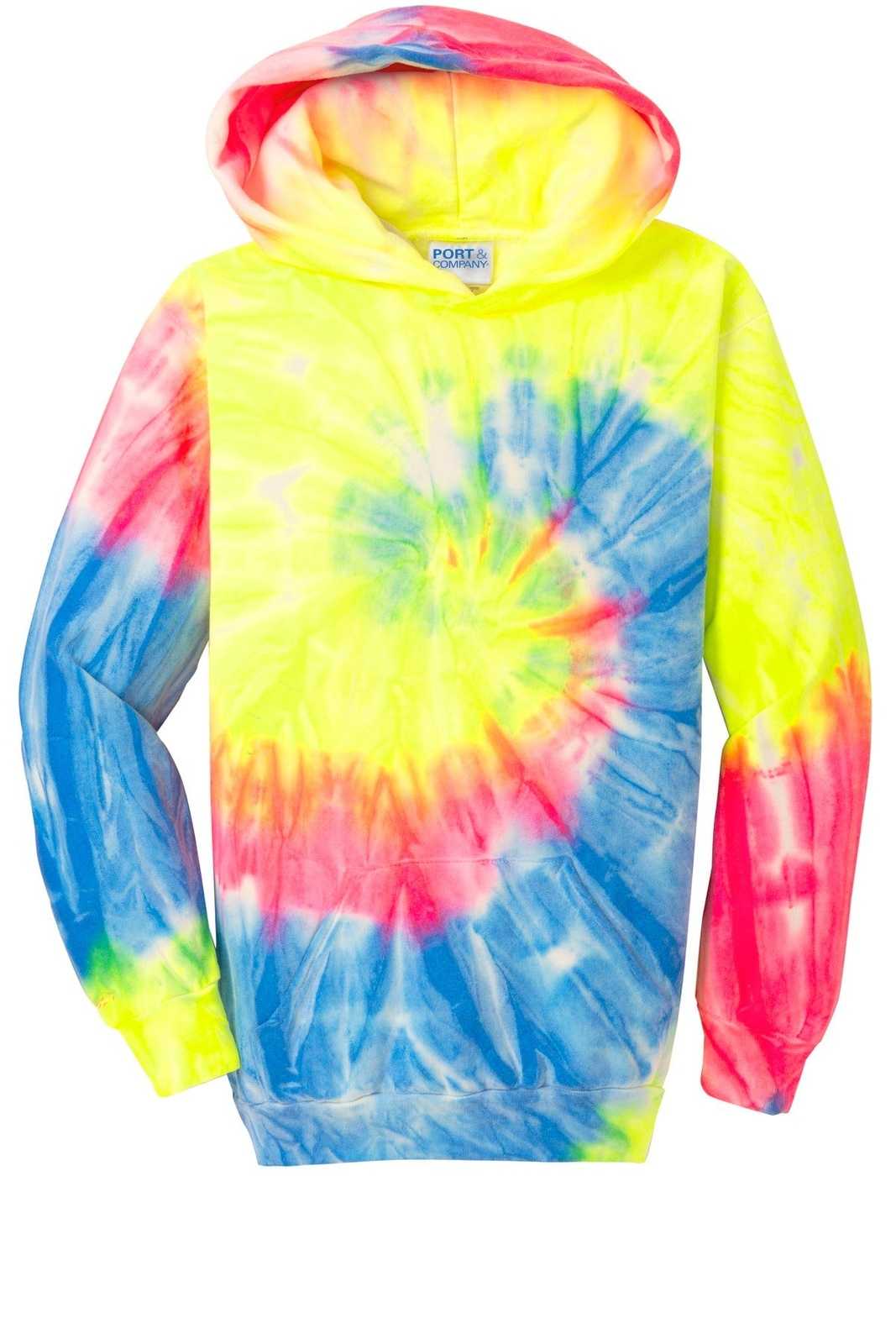 Port &amp; Company PC146Y Youth Tie-Dye Pullover Hooded Sweatshirt - Neon Rainbow - HIT a Double - 5