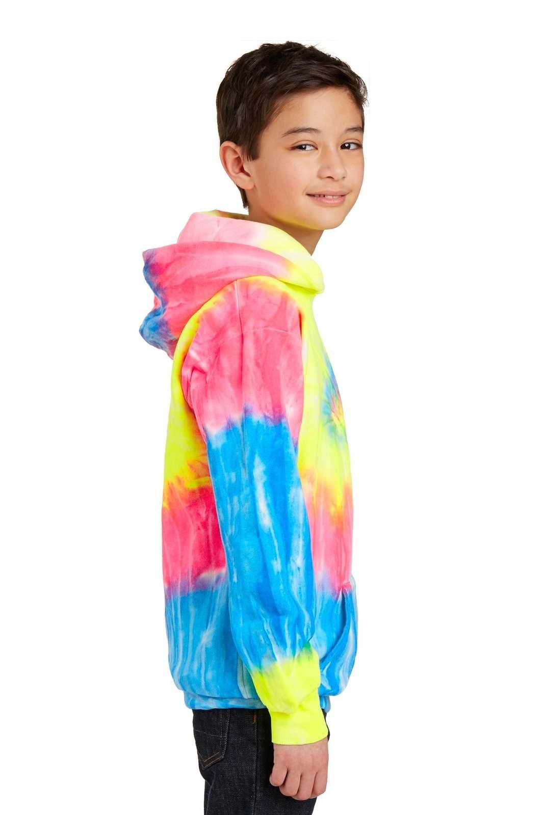 Port &amp; Company PC146Y Youth Tie-Dye Pullover Hooded Sweatshirt - Neon Rainbow - HIT a Double - 3