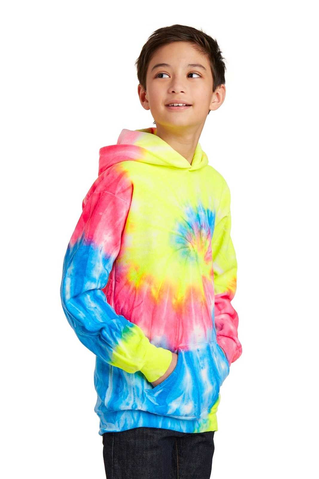 Port &amp; Company PC146Y Youth Tie-Dye Pullover Hooded Sweatshirt - Neon Rainbow - HIT a Double - 4