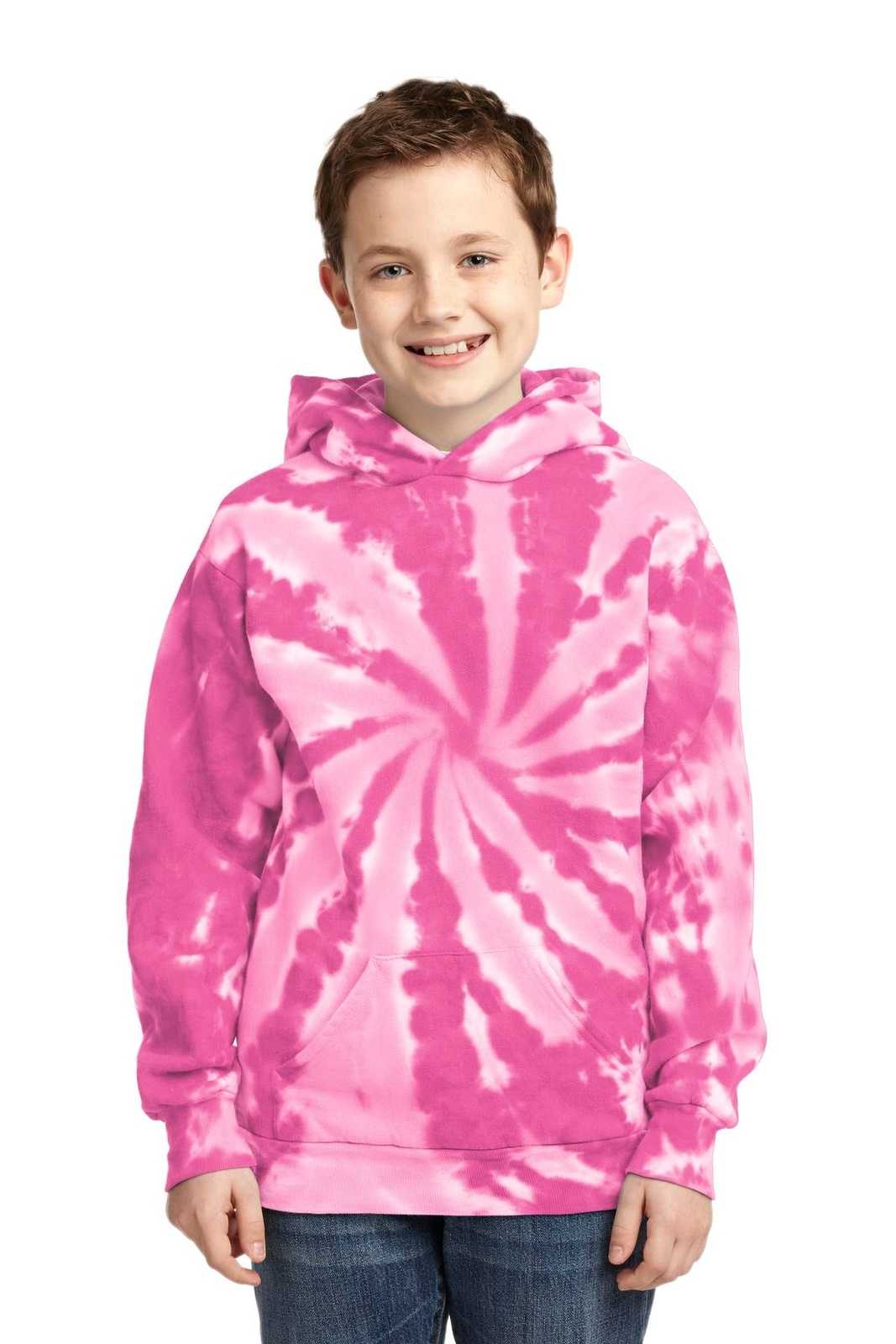 Port &amp; Company PC146Y Youth Tie-Dye Pullover Hooded Sweatshirt - Pink - HIT a Double - 1