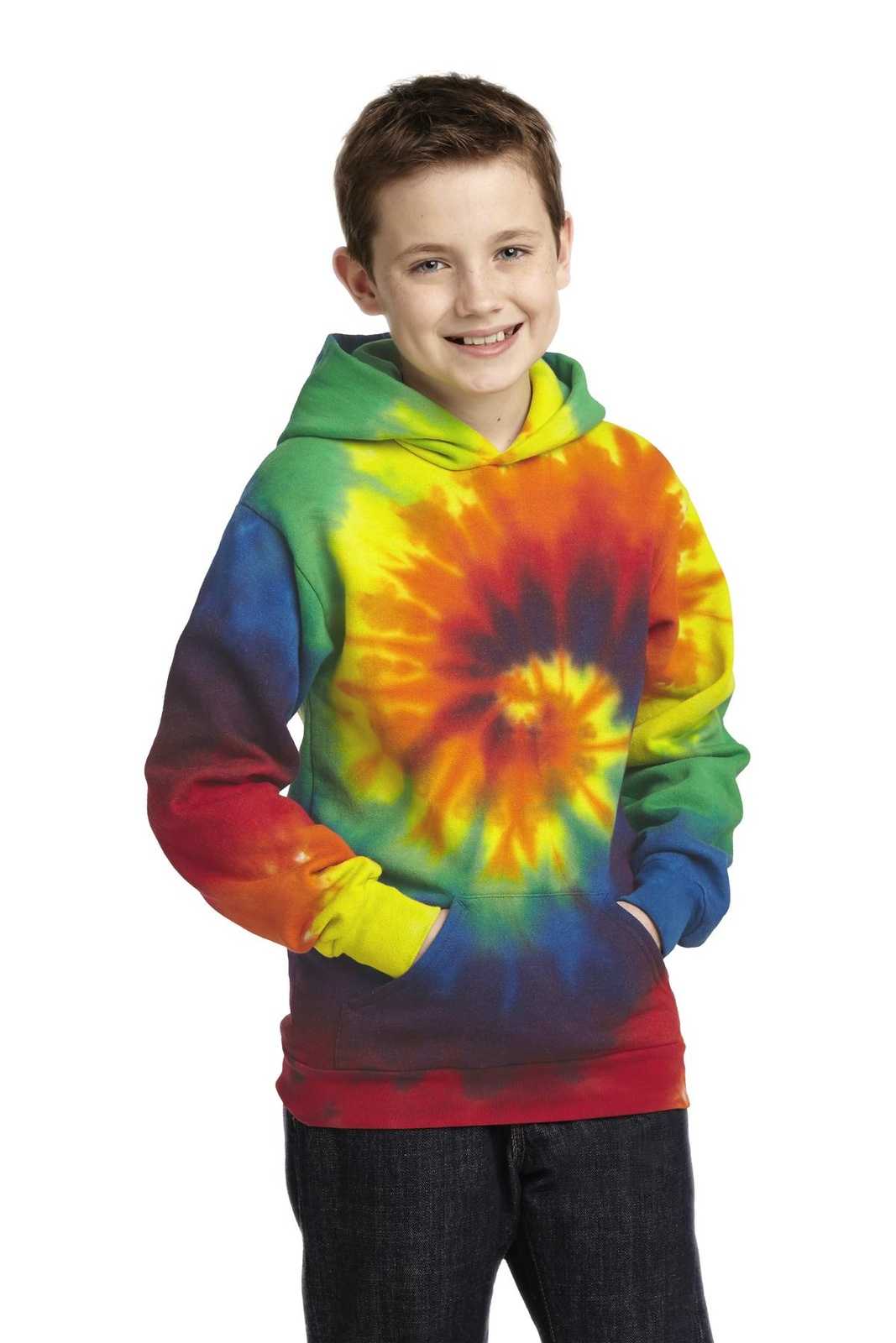 Port &amp; Company PC146Y Youth Tie-Dye Pullover Hooded Sweatshirt - Rainbow - HIT a Double - 1