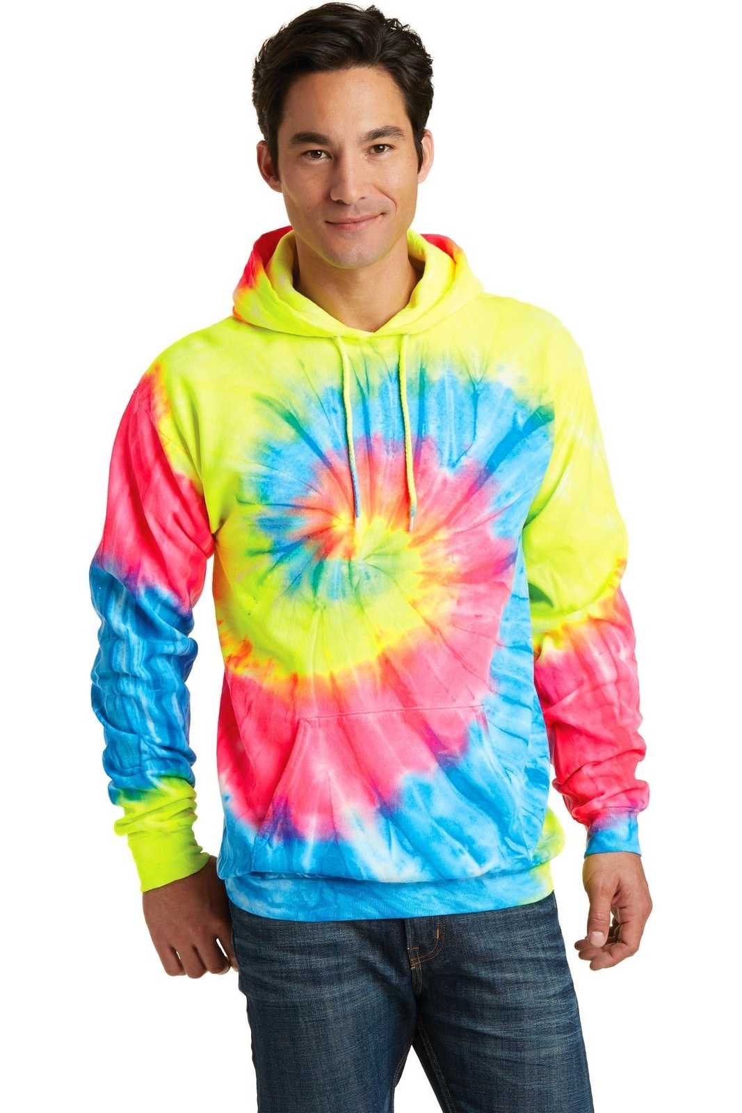 Port &amp; Company PC146 Tie-Dye Pullover Hooded Sweatshirt - Neon Rainbow - HIT a Double - 1