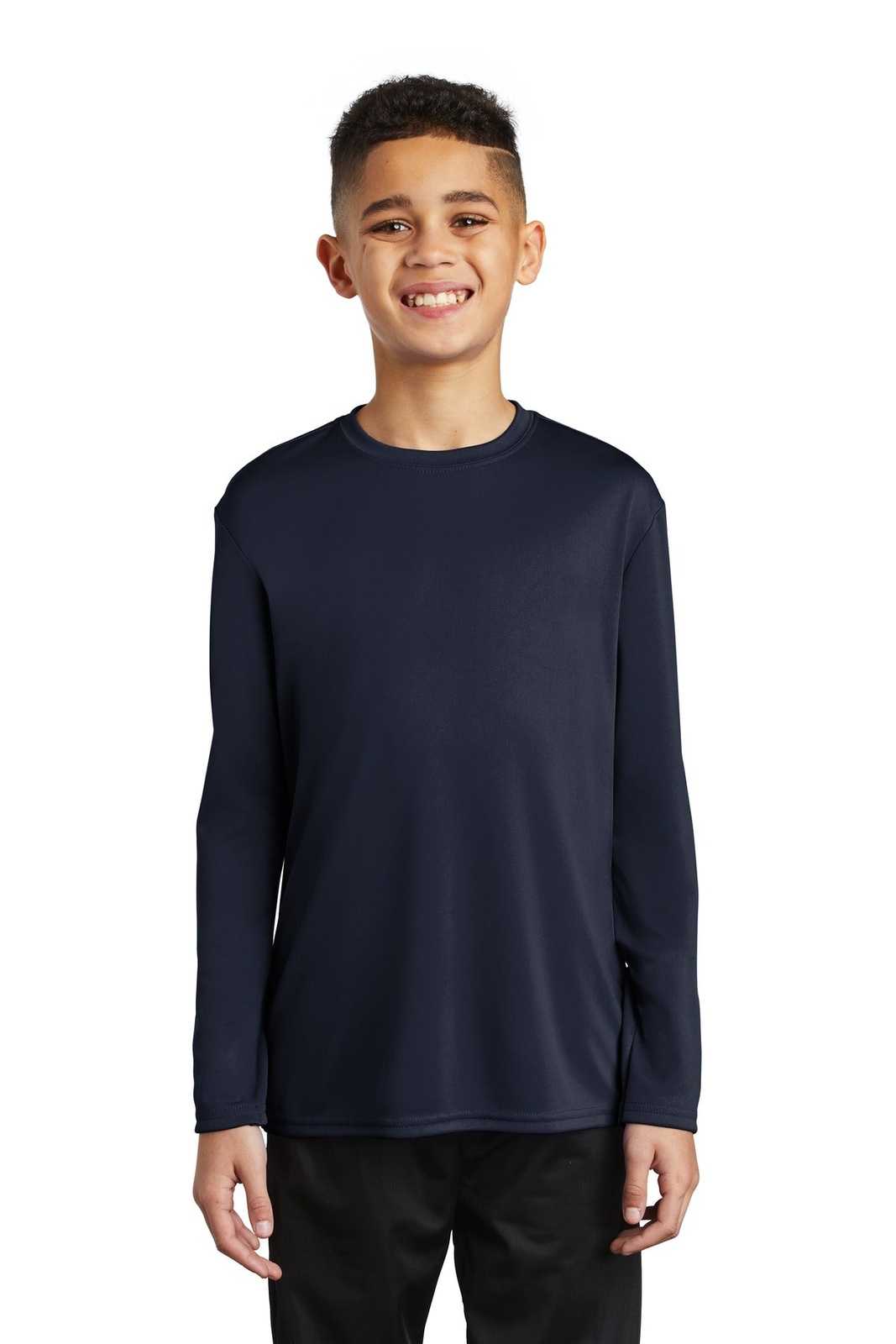 Port &amp; Company PC380YLS Youth Long Sleeve Performance Tee - Deep Navy - HIT a Double - 1