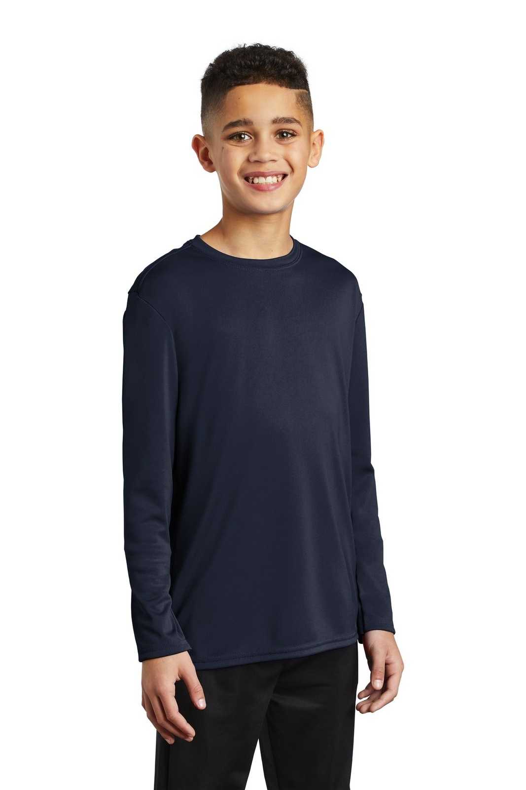 Port &amp; Company PC380YLS Youth Long Sleeve Performance Tee - Deep Navy - HIT a Double - 4