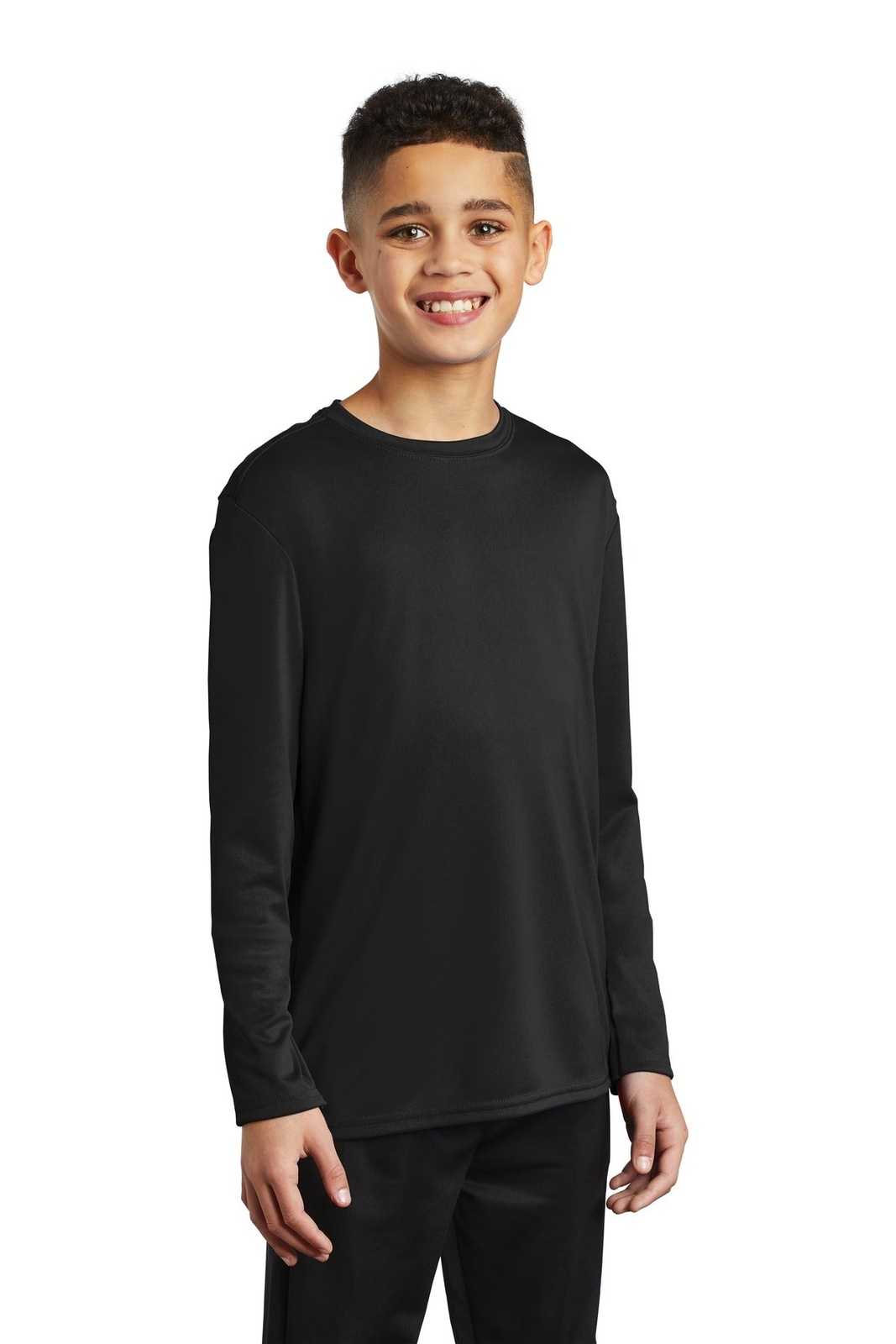 Port &amp; Company PC380YLS Youth Long Sleeve Performance Tee - Jet Black - HIT a Double - 4