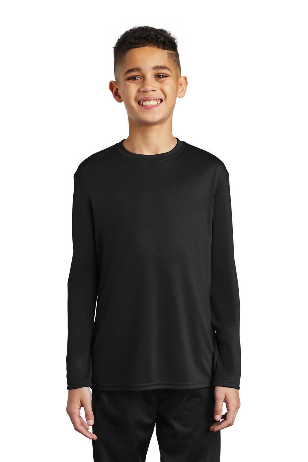 Port &amp; Company PC380YLS Youth Long Sleeve Performance Tee - Jet Black - HIT a Double - 1