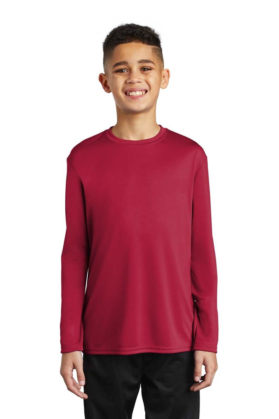 Port &amp; Company PC380YLS Youth Long Sleeve Performance Tee - Red - HIT a Double - 1