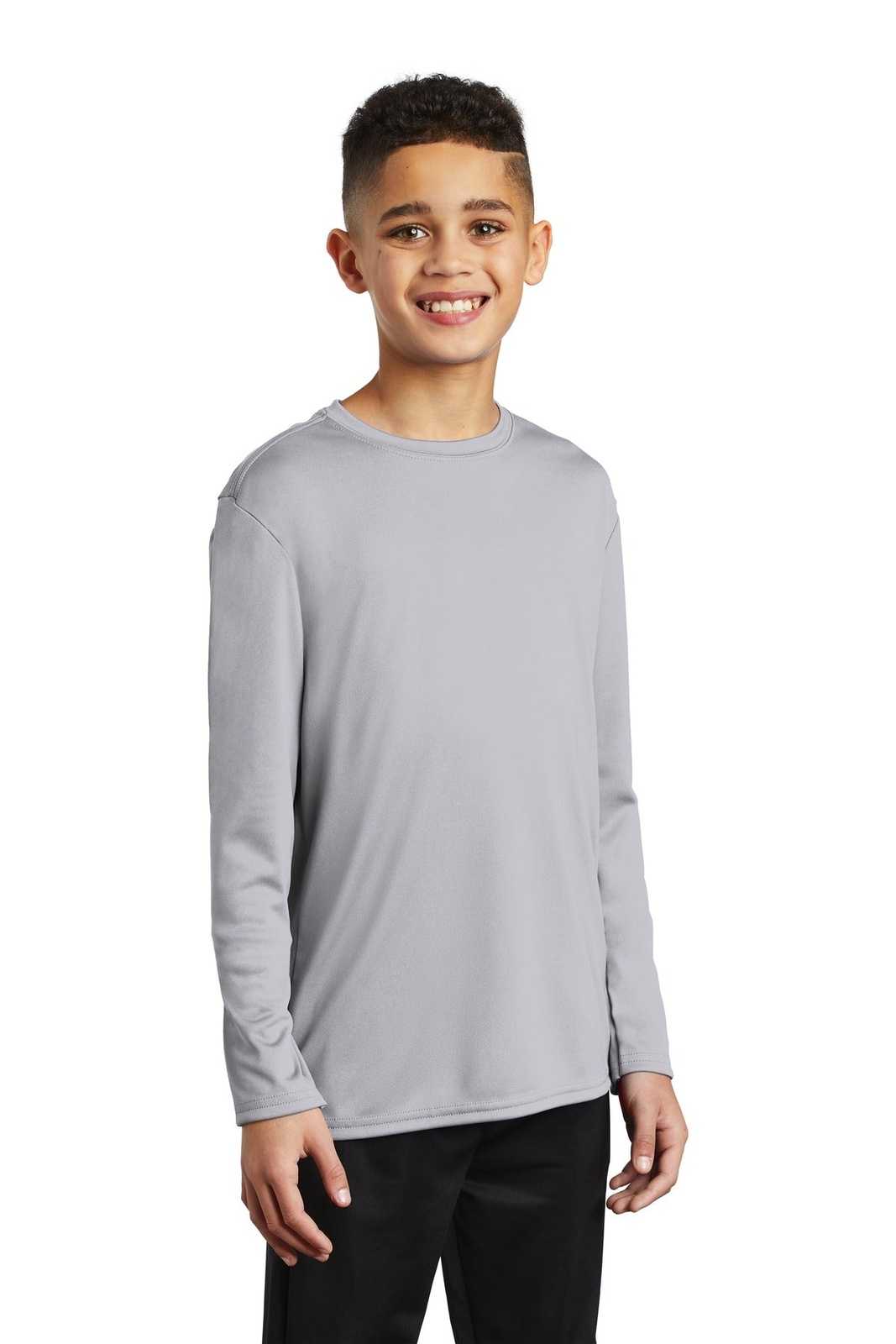 Port &amp; Company PC380YLS Youth Long Sleeve Performance Tee - Silver - HIT a Double - 4