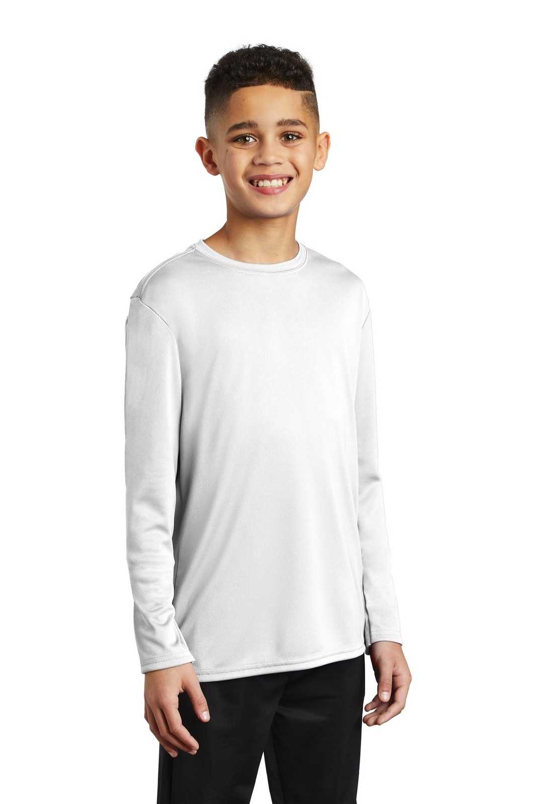 Port &amp; Company PC380YLS Youth Long Sleeve Performance Tee - White - HIT a Double - 4