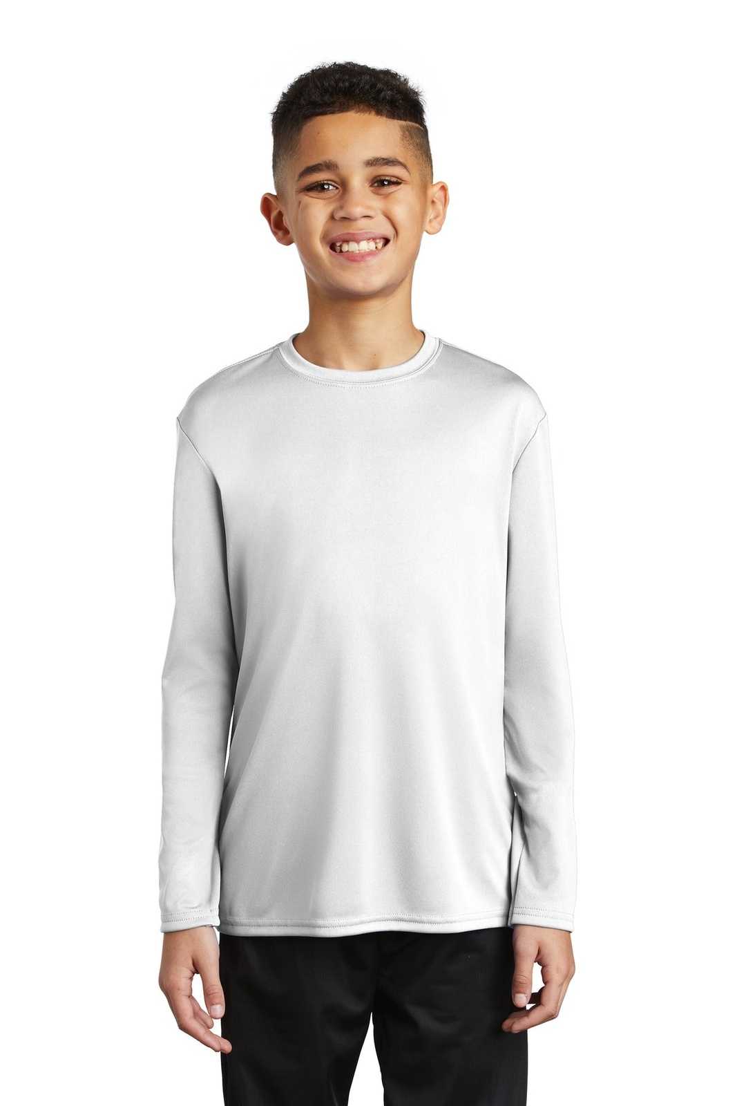 Port &amp; Company PC380YLS Youth Long Sleeve Performance Tee - White - HIT a Double - 1