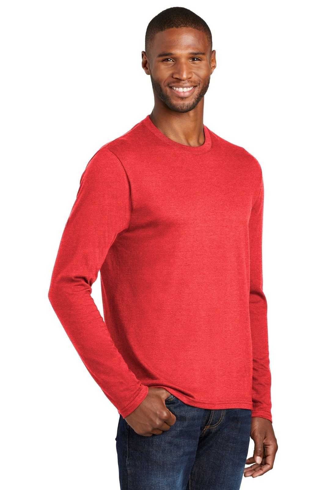 Port &amp; Company PC455LS Long Sleeve Fan Favorite Blend Tee - Bright Red Heather - HIT a Double - 4