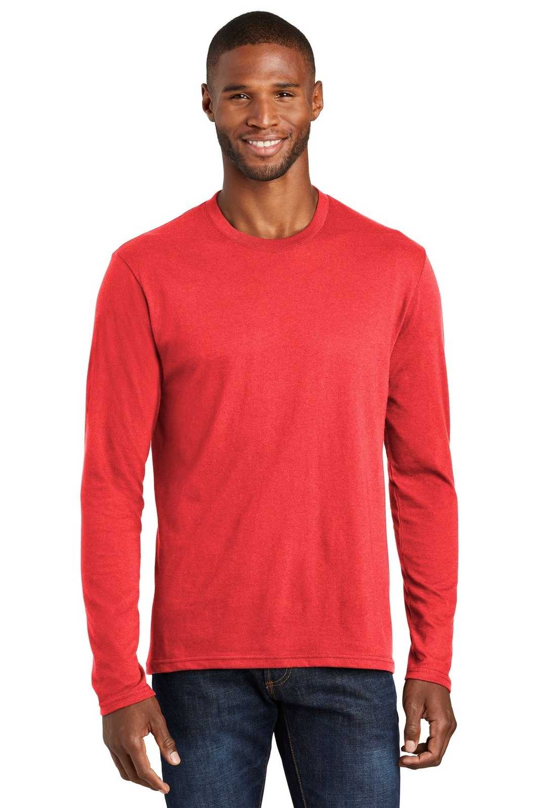 Port &amp; Company PC455LS Long Sleeve Fan Favorite Blend Tee - Bright Red Heather - HIT a Double - 1