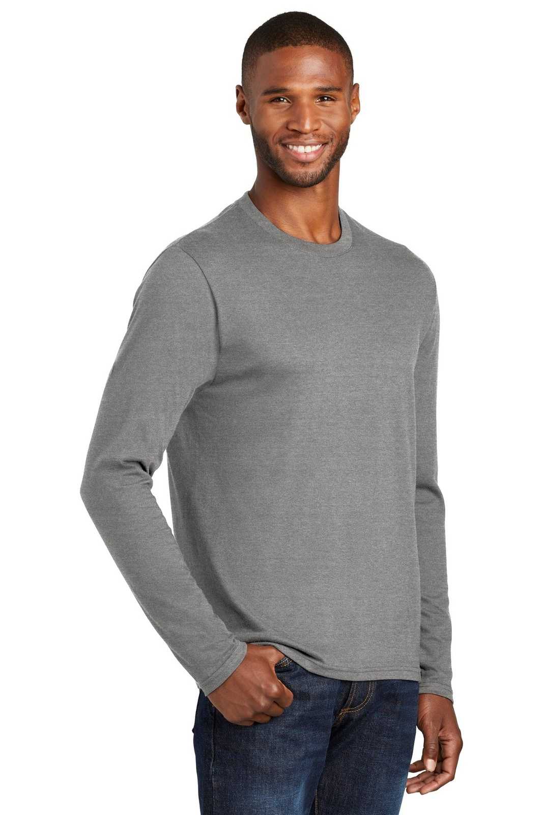 Port &amp; Company PC455LS Long Sleeve Fan Favorite Blend Tee - Graphite Heather - HIT a Double - 4