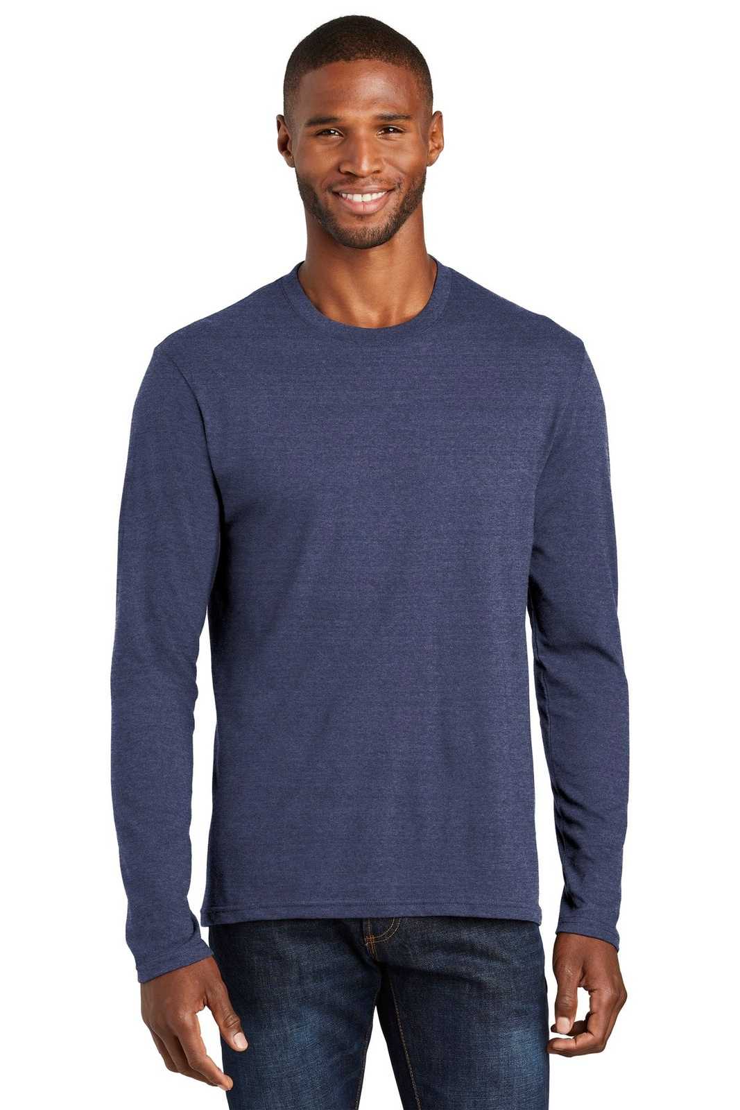 Port &amp; Company PC455LS Long Sleeve Fan Favorite Blend Tee - Team Navy Heather - HIT a Double - 1
