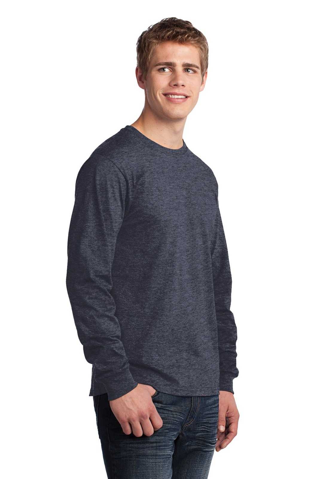 Port &amp; Company PC54LS Long Sleeve Core Cotton Tee - Heather Navy - HIT a Double - 4