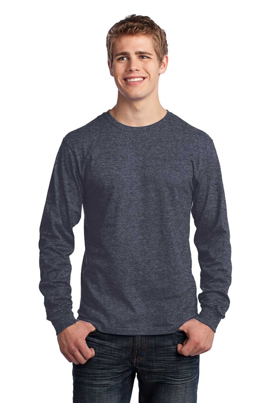 Port &amp; Company PC54LS Long Sleeve Core Cotton Tee - Heather Navy - HIT a Double - 1