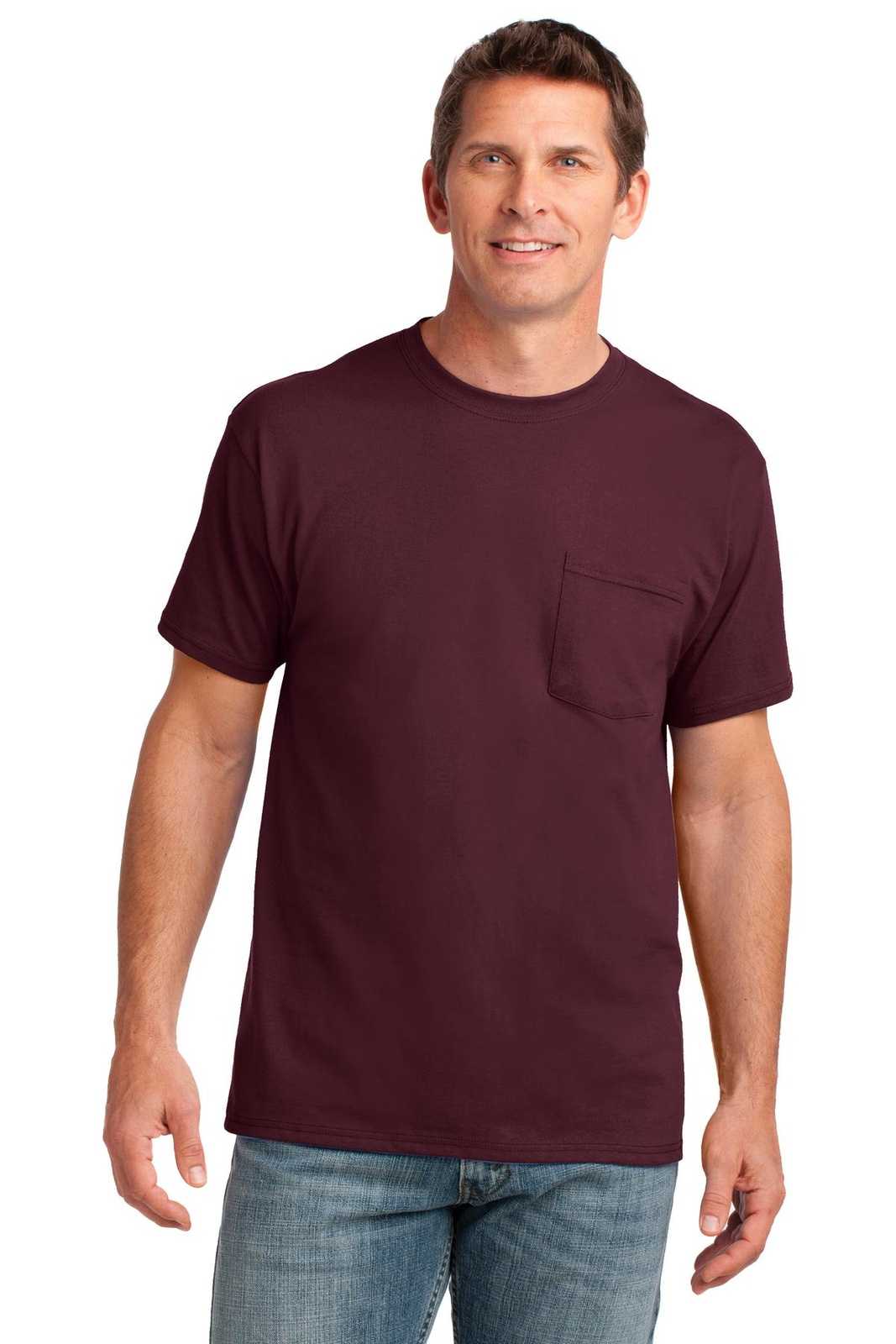 Port &amp; Company PC54P Core Cotton Pocket Tee - Athletic Maroon - HIT a Double - 1