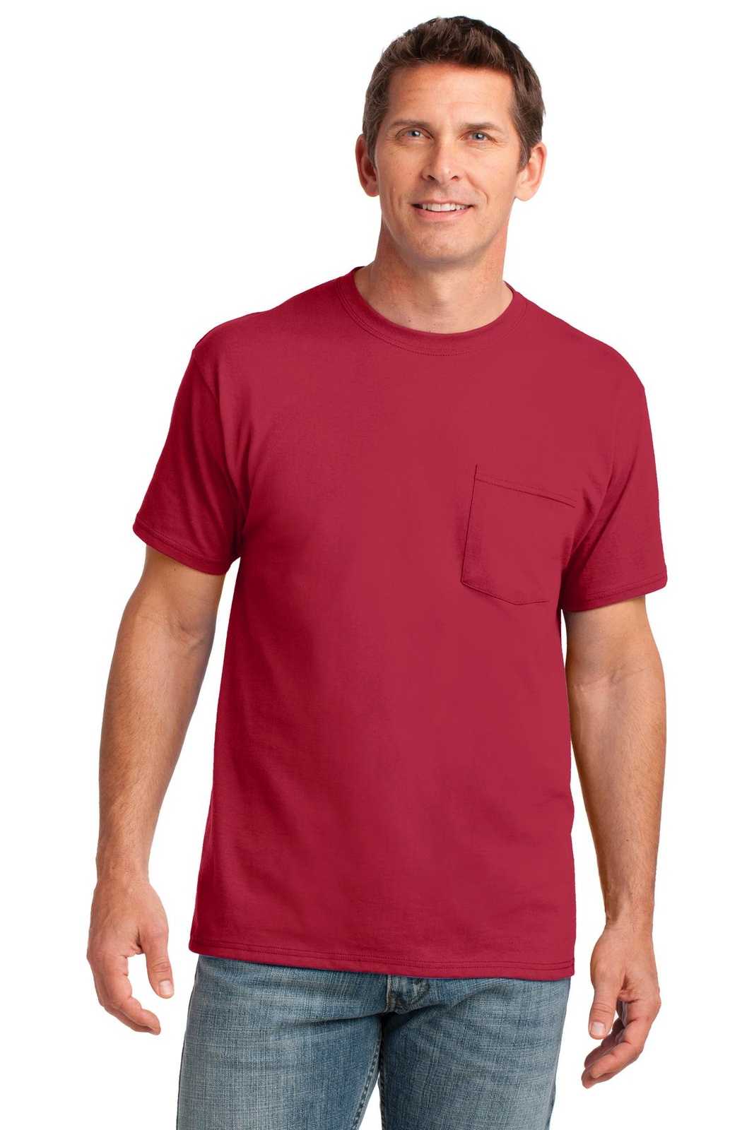 Port &amp; Company PC54P Core Cotton Pocket Tee - Red - HIT a Double - 1