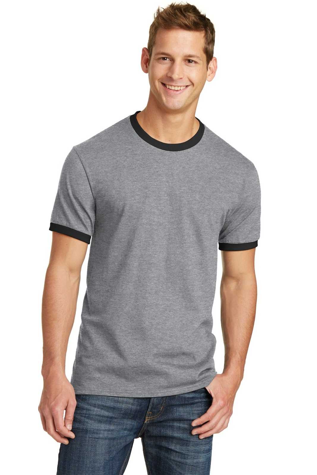Port &amp; Company PC54R Core Cotton Ringer Tee - Athletic Heather Jet Black - HIT a Double - 1