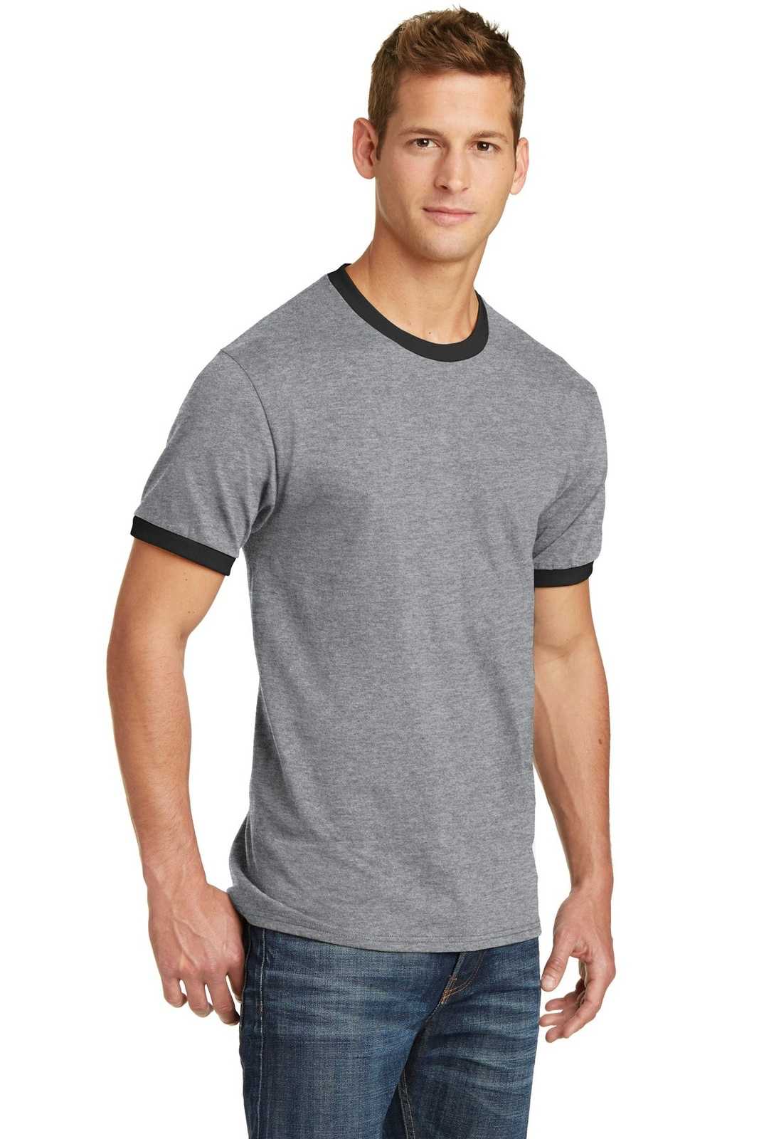 Port &amp; Company PC54R Core Cotton Ringer Tee - Athletic Heather Jet Black - HIT a Double - 4