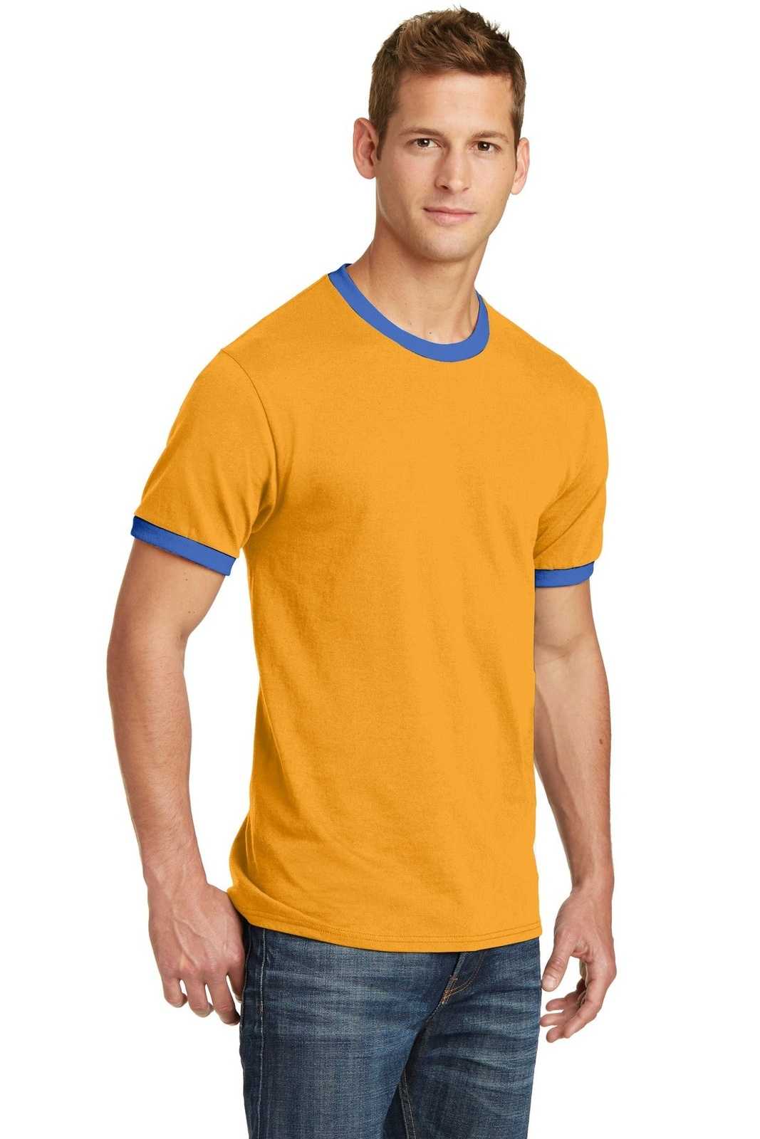 Port &amp; Company PC54R Core Cotton Ringer Tee - Gold Royal - HIT a Double - 4