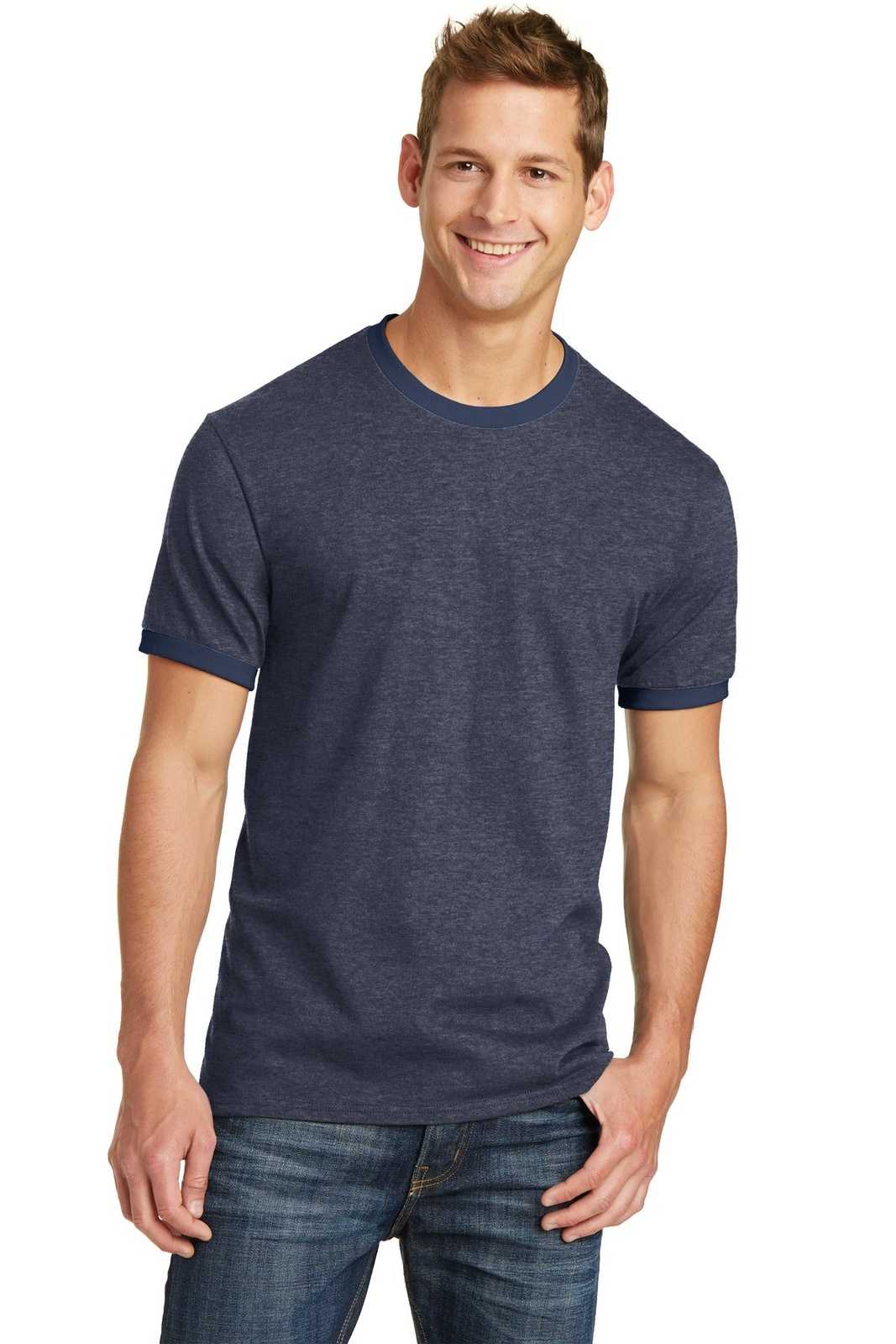 Port &amp; Company PC54R Core Cotton Ringer Tee - Heather Navy Navy - HIT a Double - 1