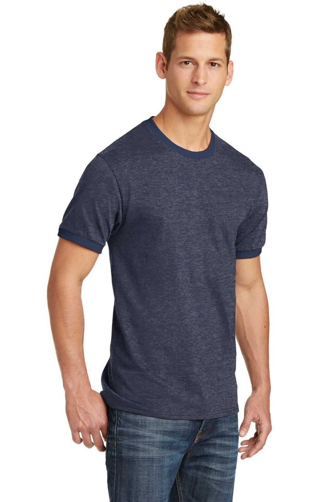 Port &amp; Company PC54R Core Cotton Ringer Tee - Heather Navy Navy - HIT a Double - 4