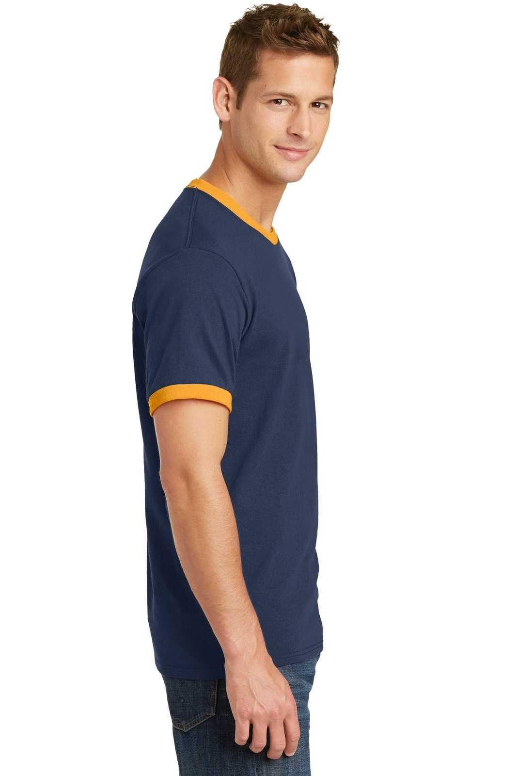 Port &amp; Company PC54R Core Cotton Ringer Tee - Navy Gold - HIT a Double - 3