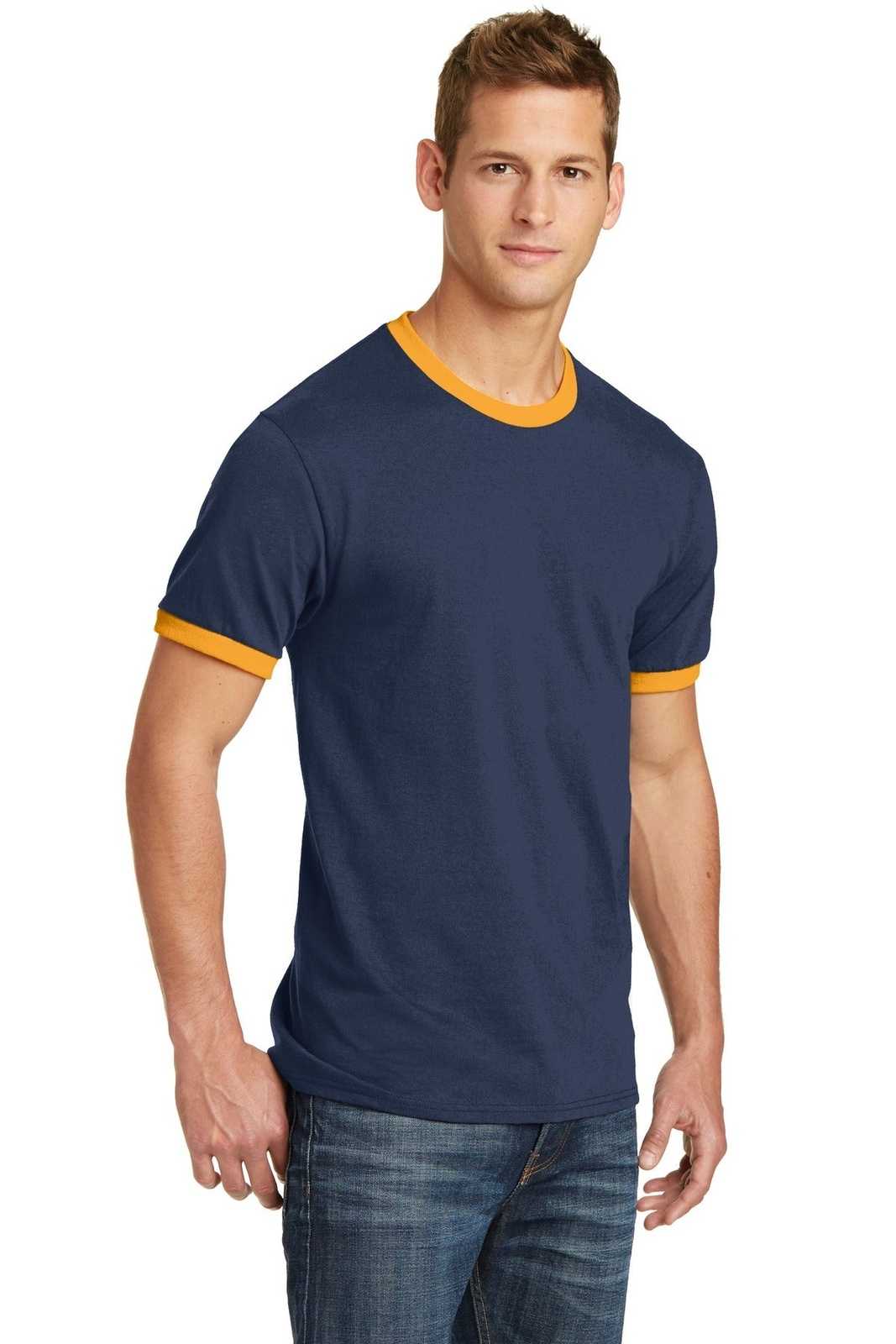 Port &amp; Company PC54R Core Cotton Ringer Tee - Navy Gold - HIT a Double - 4