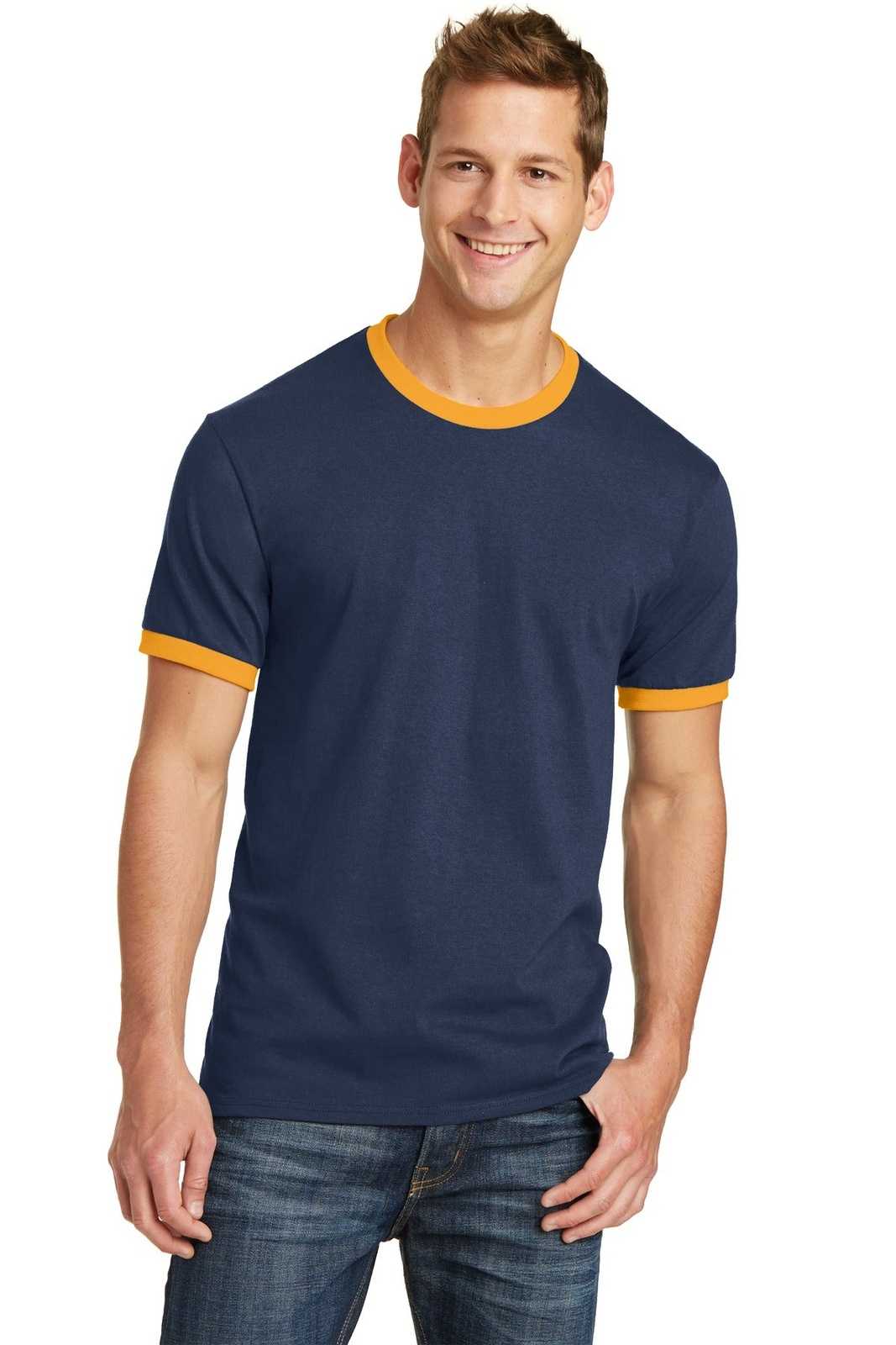 Port &amp; Company PC54R Core Cotton Ringer Tee - Navy Gold - HIT a Double - 1