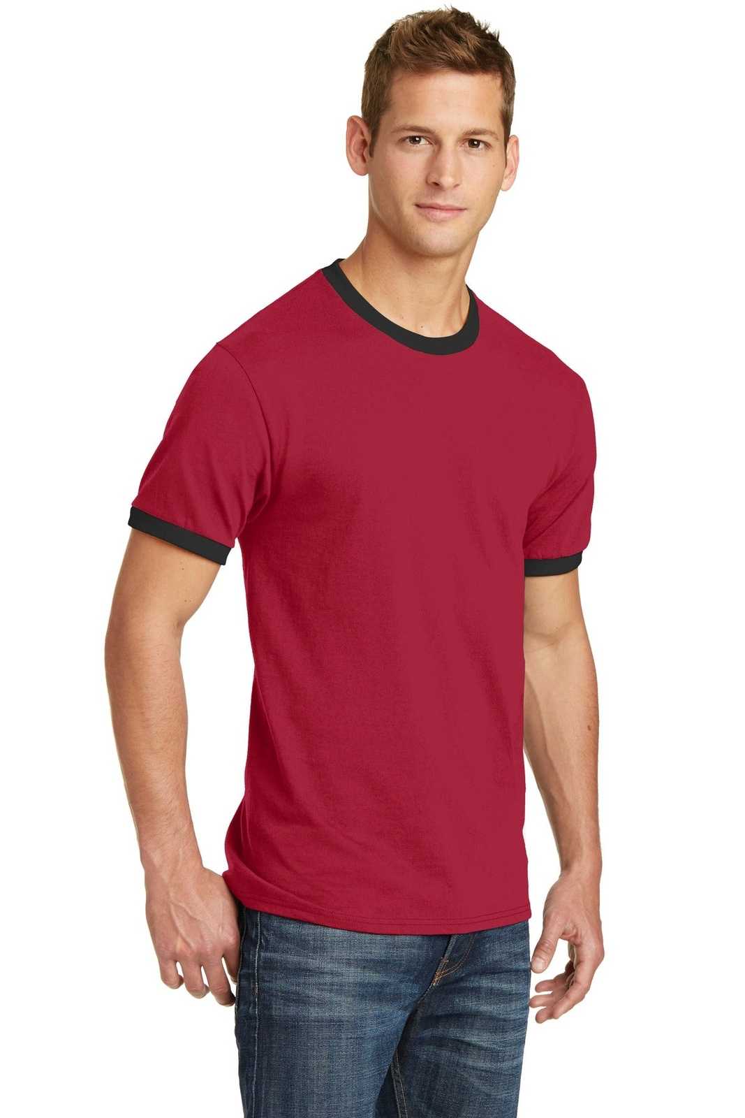 Port &amp; Company PC54R Core Cotton Ringer Tee - Red Jet Black - HIT a Double - 4