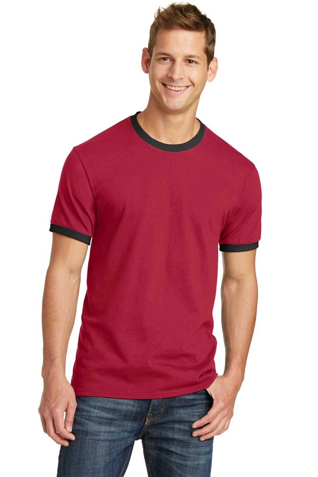 Port &amp; Company PC54R Core Cotton Ringer Tee - Red Jet Black - HIT a Double - 1