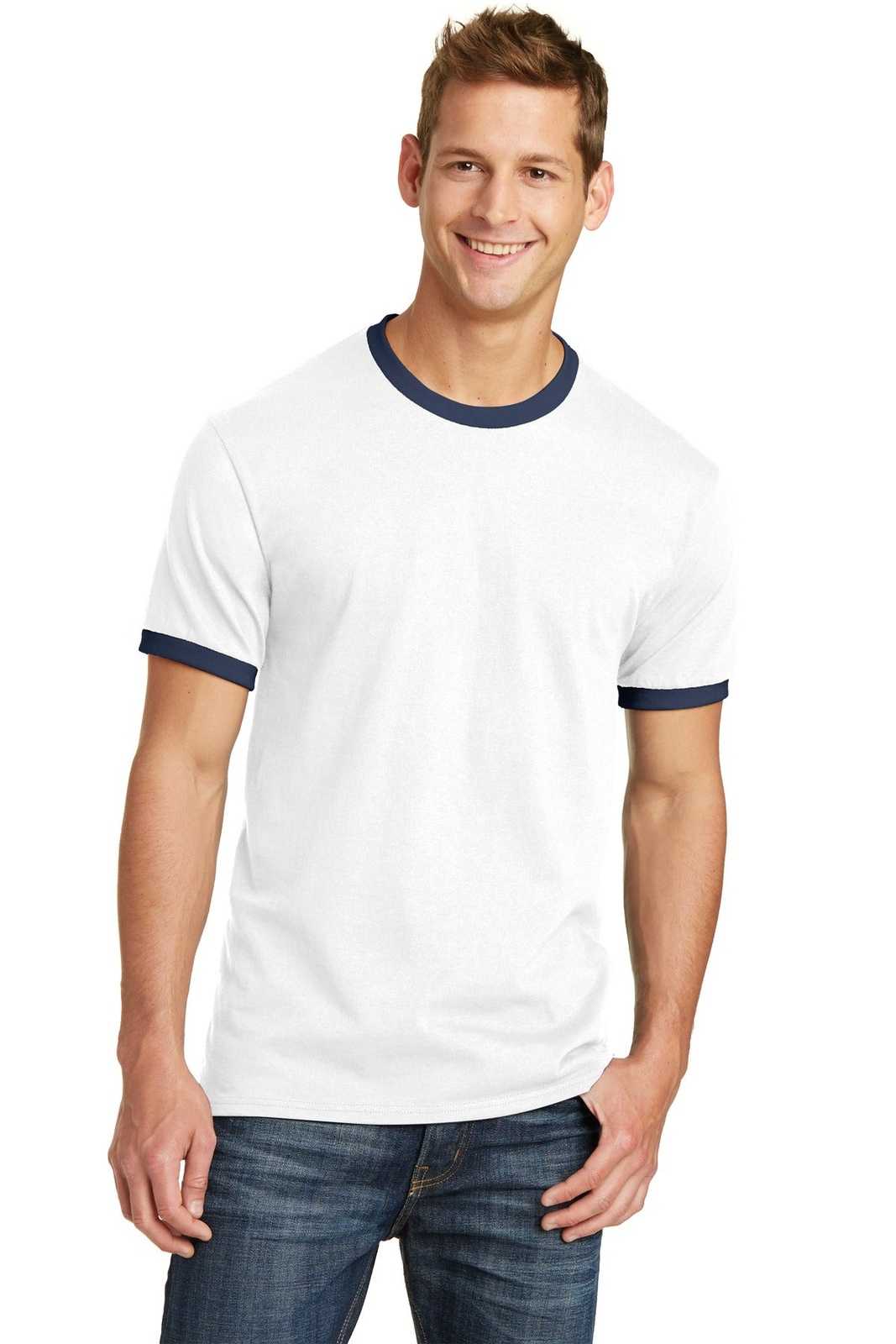Port &amp; Company PC54R Core Cotton Ringer Tee - White Navy - HIT a Double - 1