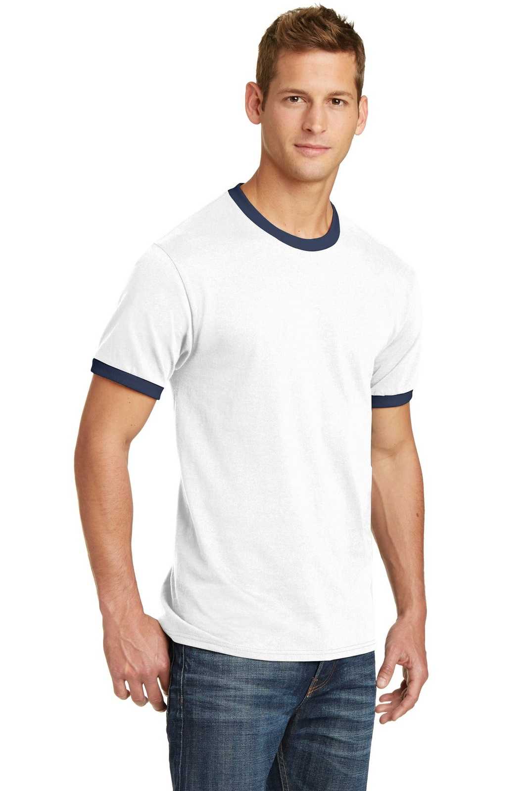 Port &amp; Company PC54R Core Cotton Ringer Tee - White Navy - HIT a Double - 4