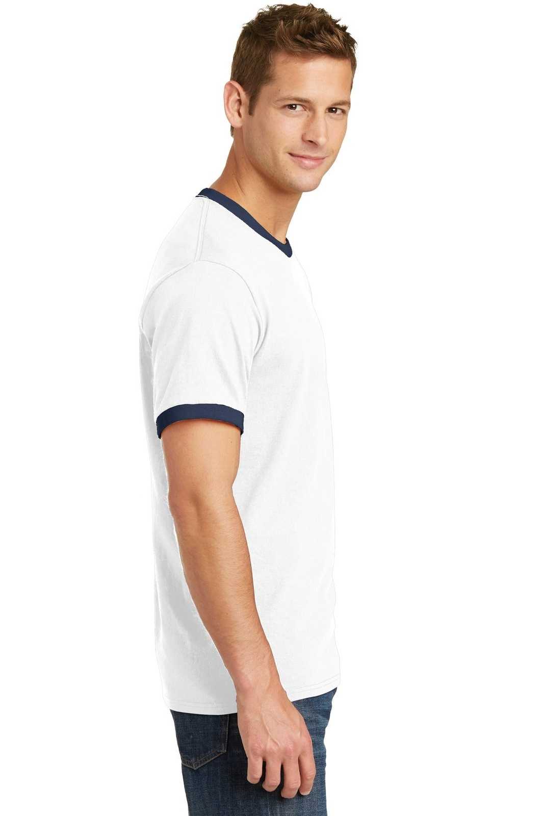 Port &amp; Company PC54R Core Cotton Ringer Tee - White Navy - HIT a Double - 3