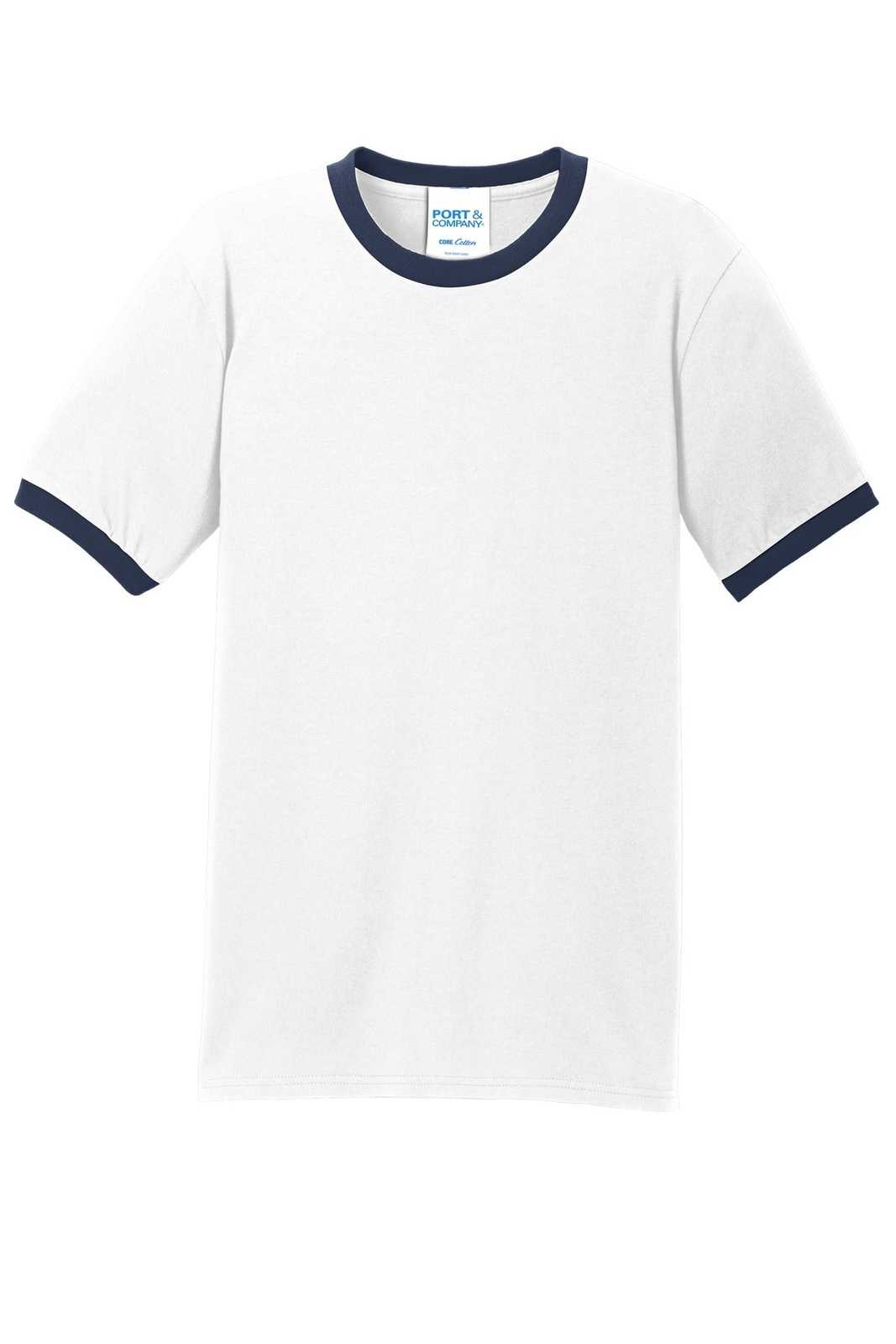 Port &amp; Company PC54R Core Cotton Ringer Tee - White Navy - HIT a Double - 5