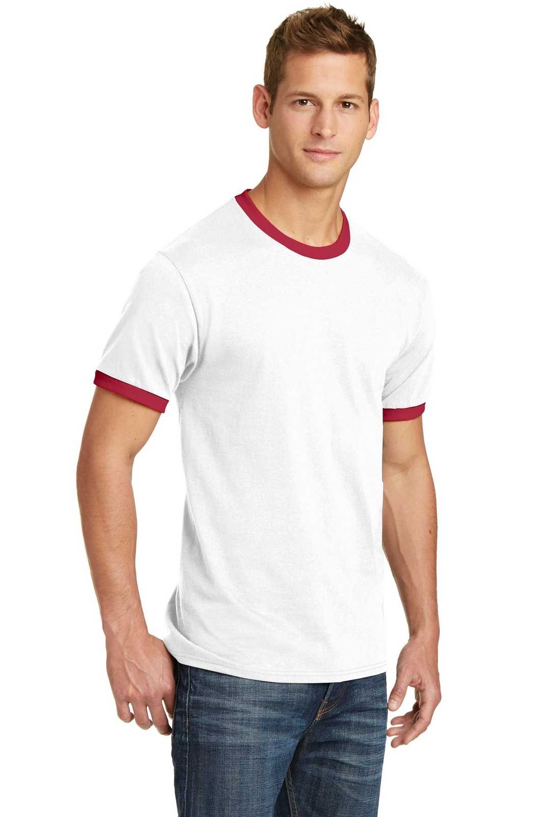 Port &amp; Company PC54R Core Cotton Ringer Tee - White Red - HIT a Double - 4