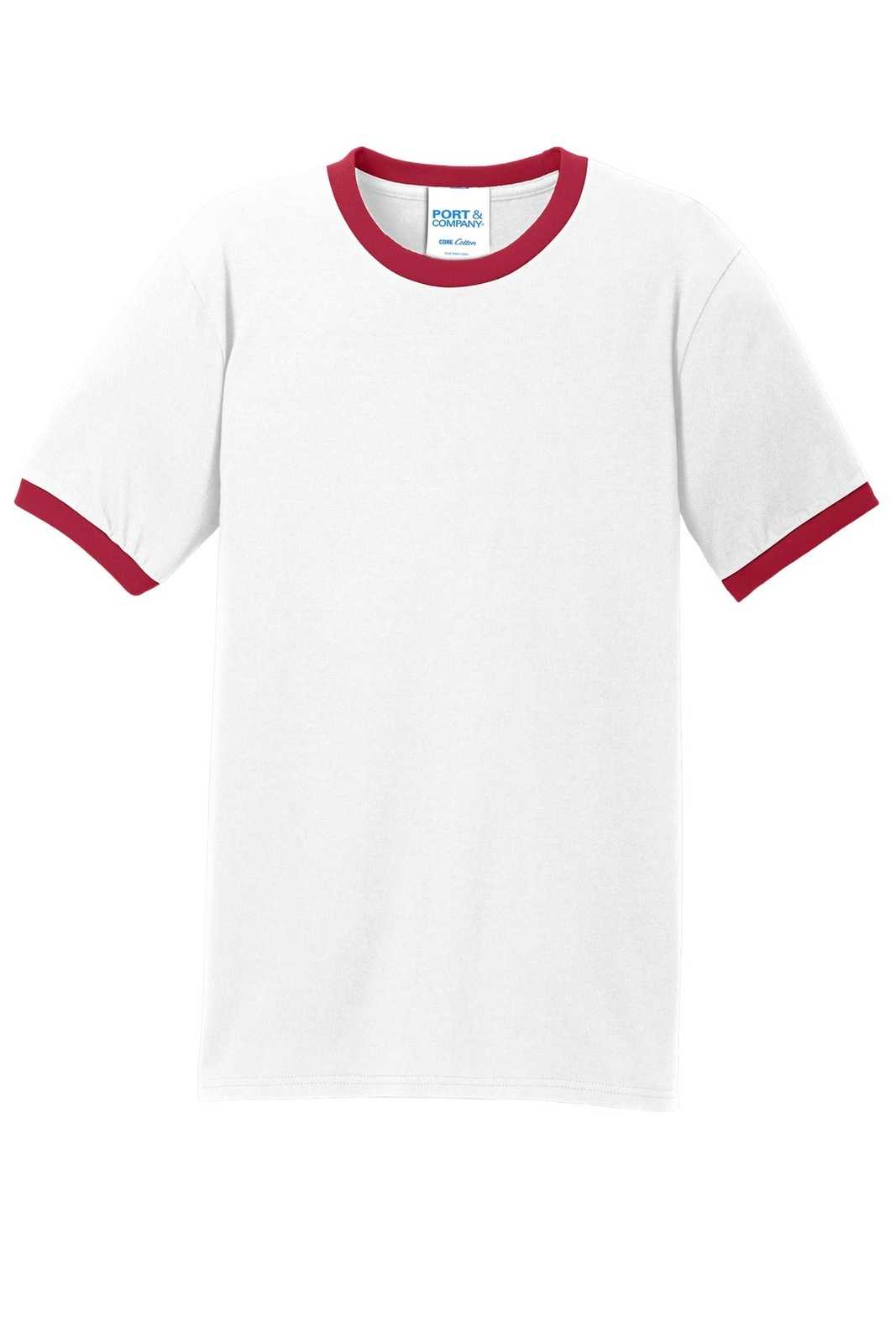 Port &amp; Company PC54R Core Cotton Ringer Tee - White Red - HIT a Double - 5