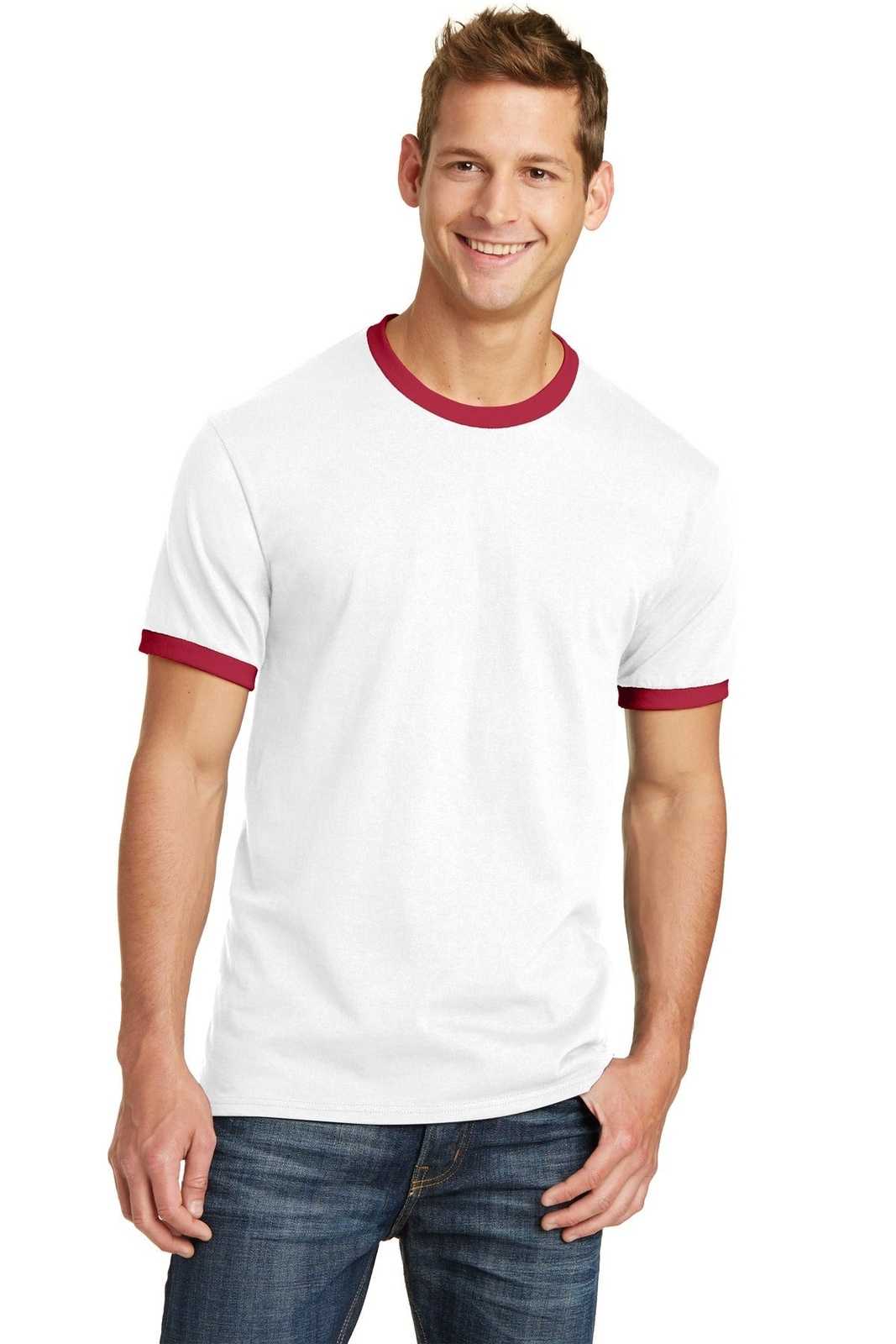 Port &amp; Company PC54R Core Cotton Ringer Tee - White Red - HIT a Double - 1