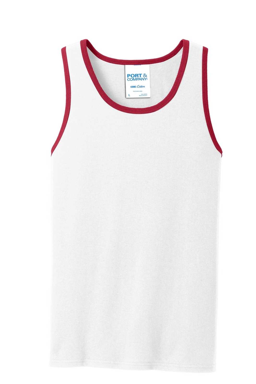 Port &amp; Company PC54TT Core Cotton Tank Top - White Red - HIT a Double - 5